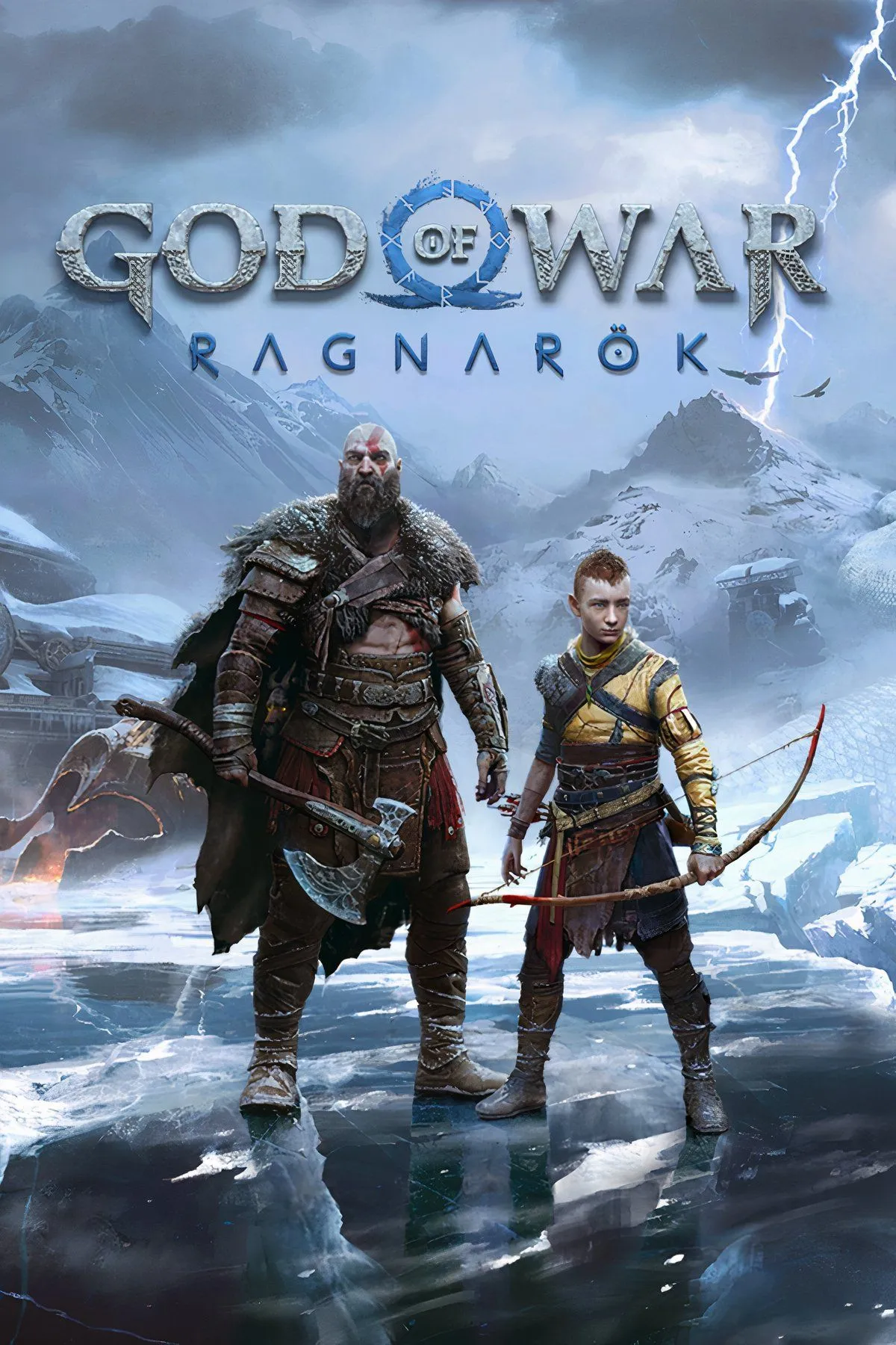 Hình ảnh bìa chính thức của God of War Ragnarok, thể hiện Kratos và Atreus