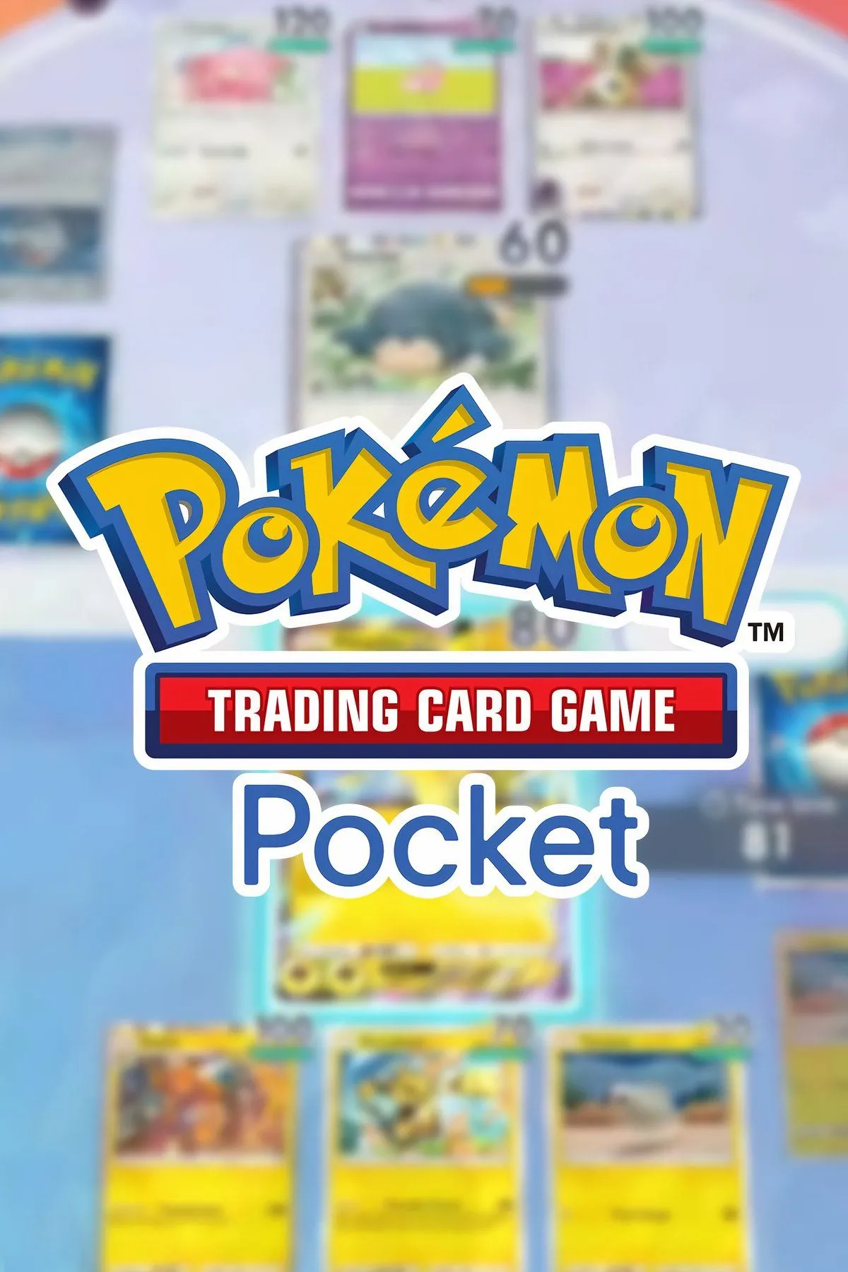 Hình ảnh bìa của trò chơi Pokemon Trading Card Game Pocket, thể hiện giao diện chính và phong cách game thẻ bài