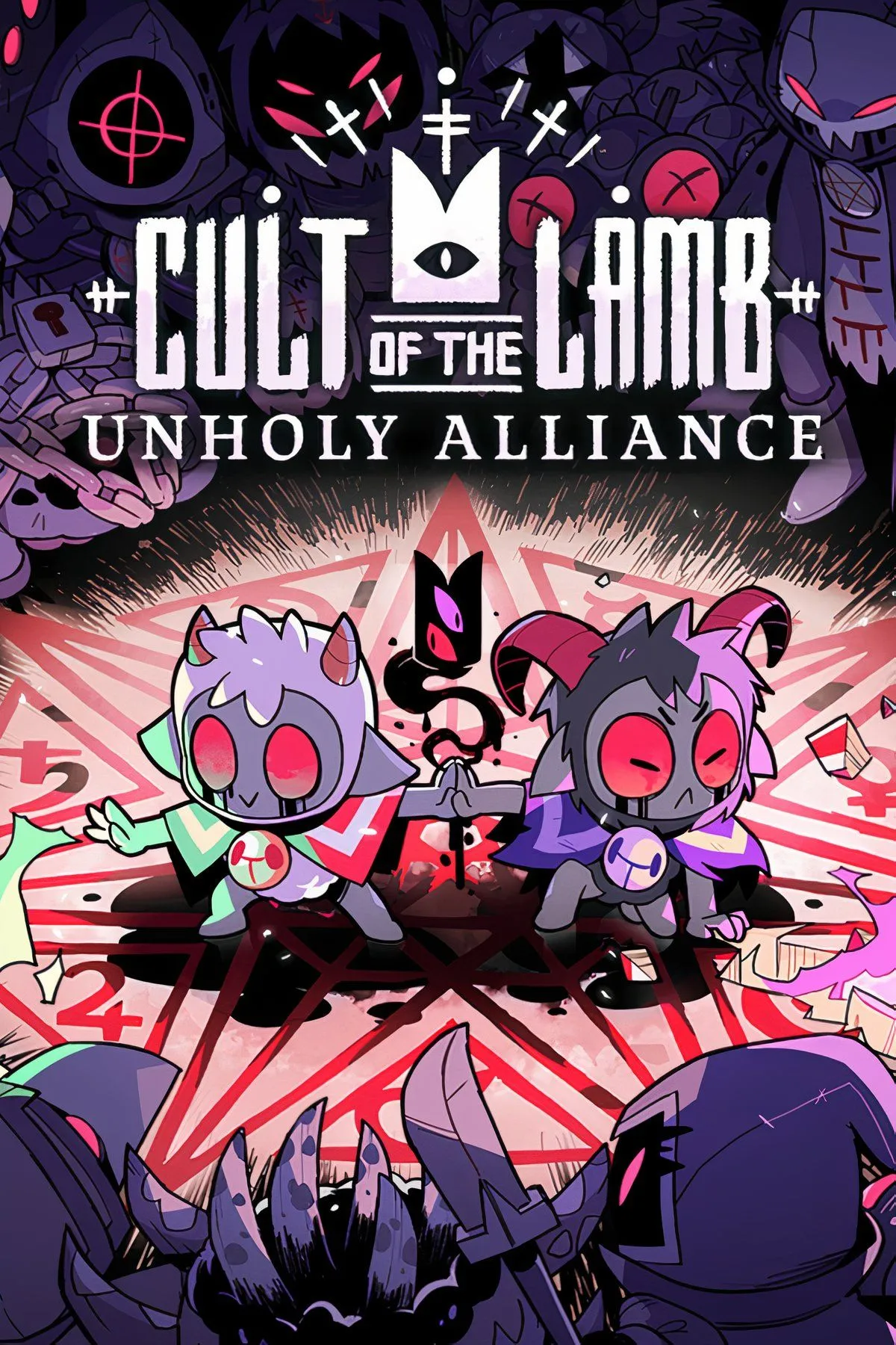Hình ảnh bìa của tựa game Cult of the Lamb với phong cách đồ họa độc đáo