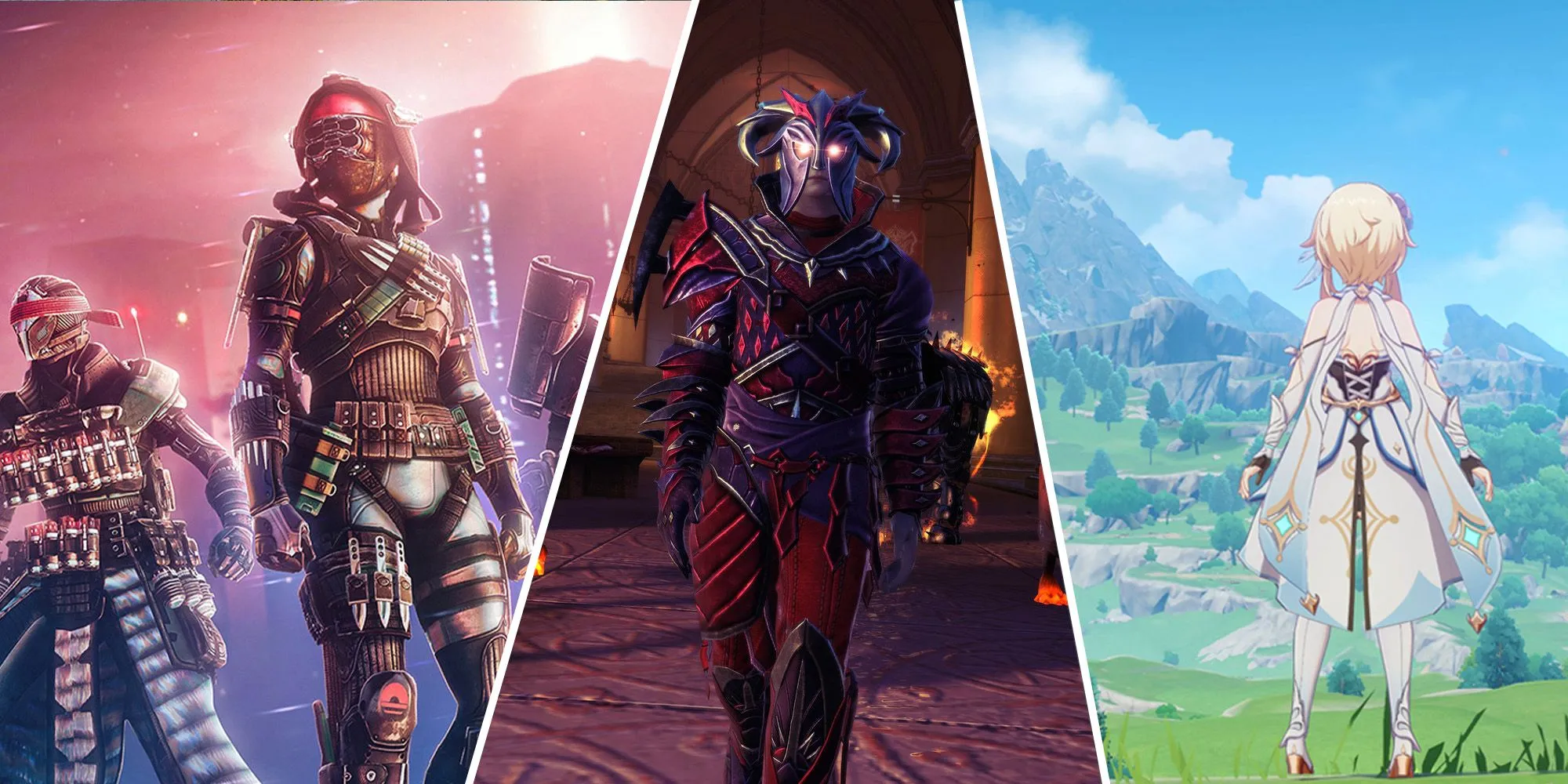 Hình ảnh tổng hợp từ các game MMO miễn phí nổi bật như Destiny 2, Neverwinter và Genshin Impact