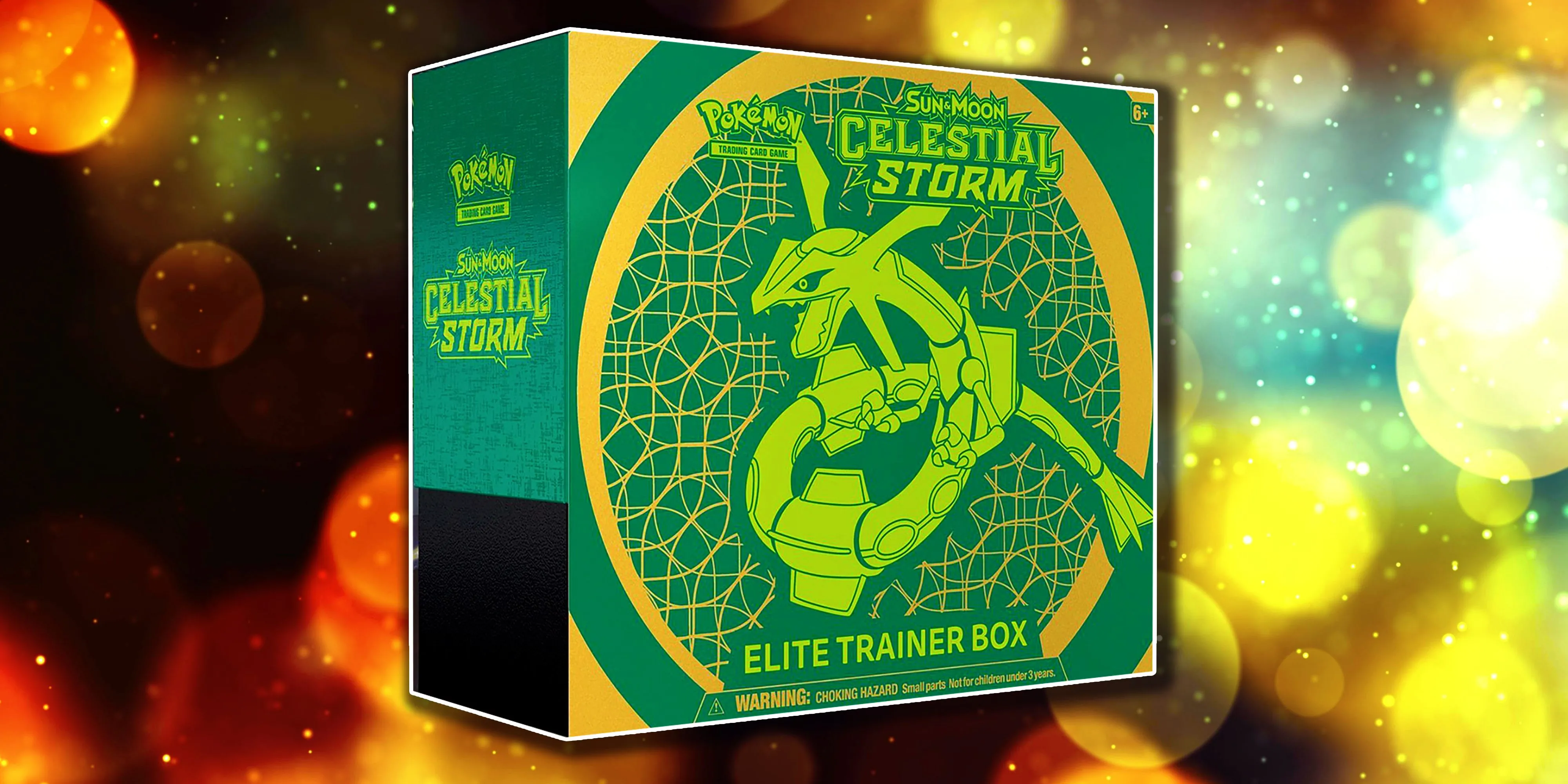 Hộp Elite Trainer Box Celestial Storm từ Pokémon TCG, với hình ảnh Rayquaza và sự kết hợp màu xanh lá độc đáo.