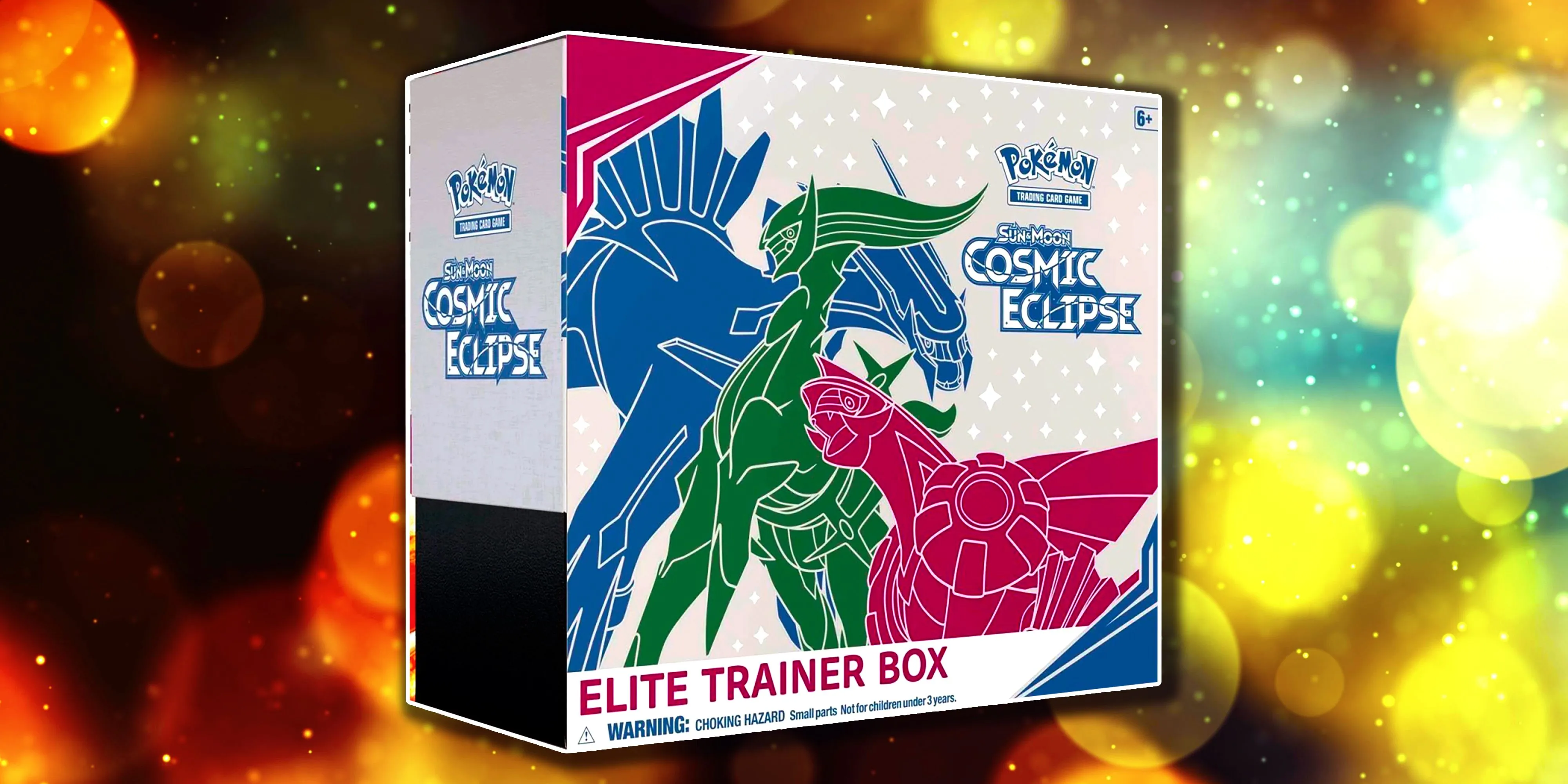 Hộp Elite Trainer Box Cosmic Eclipse từ Pokémon TCG, với hình ảnh Arceus, Dialga và Palkia.