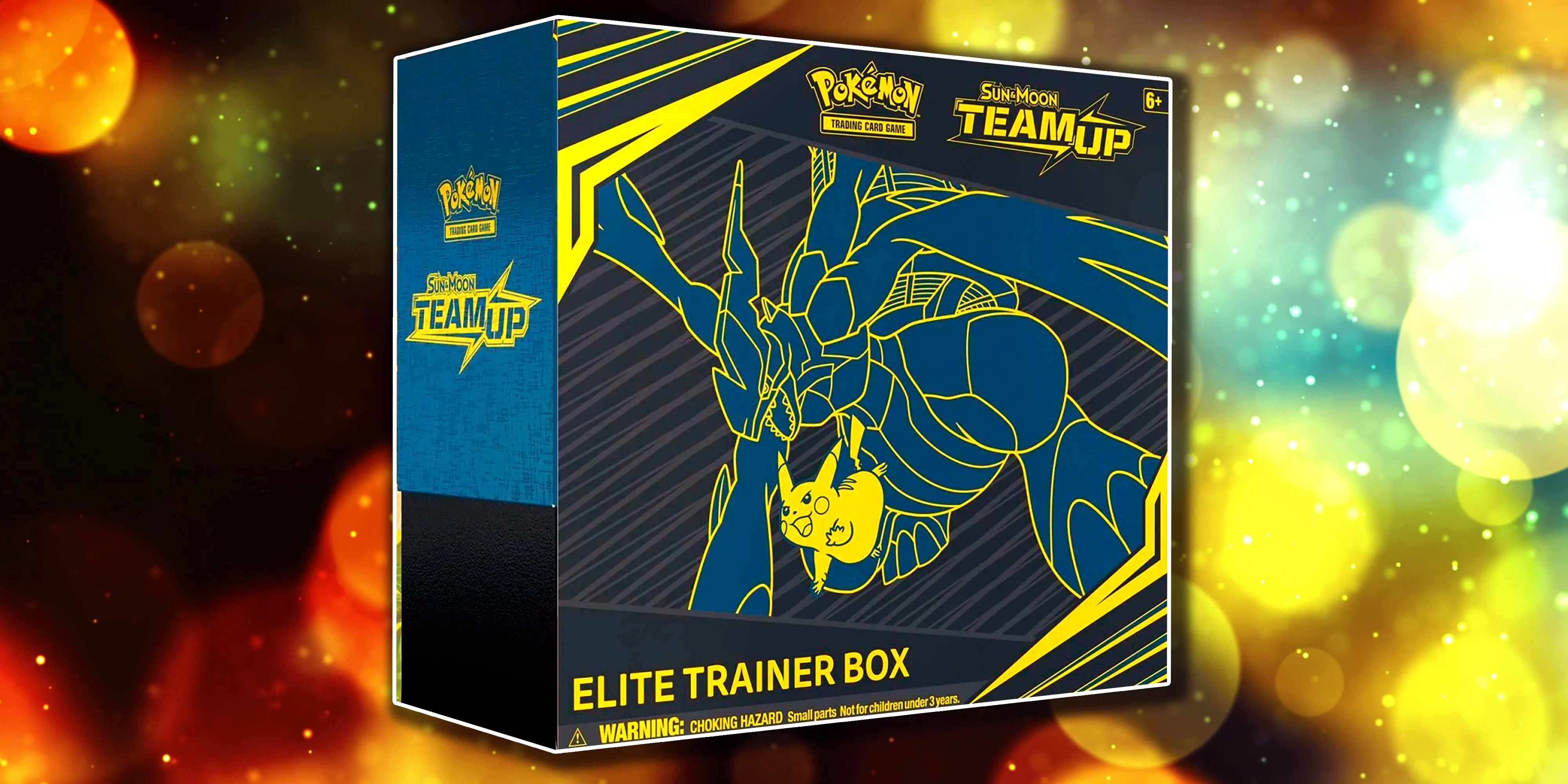 Hộp Elite Trainer Box Team Up từ Pokémon TCG, với hình ảnh Pikachu và Zekrom.