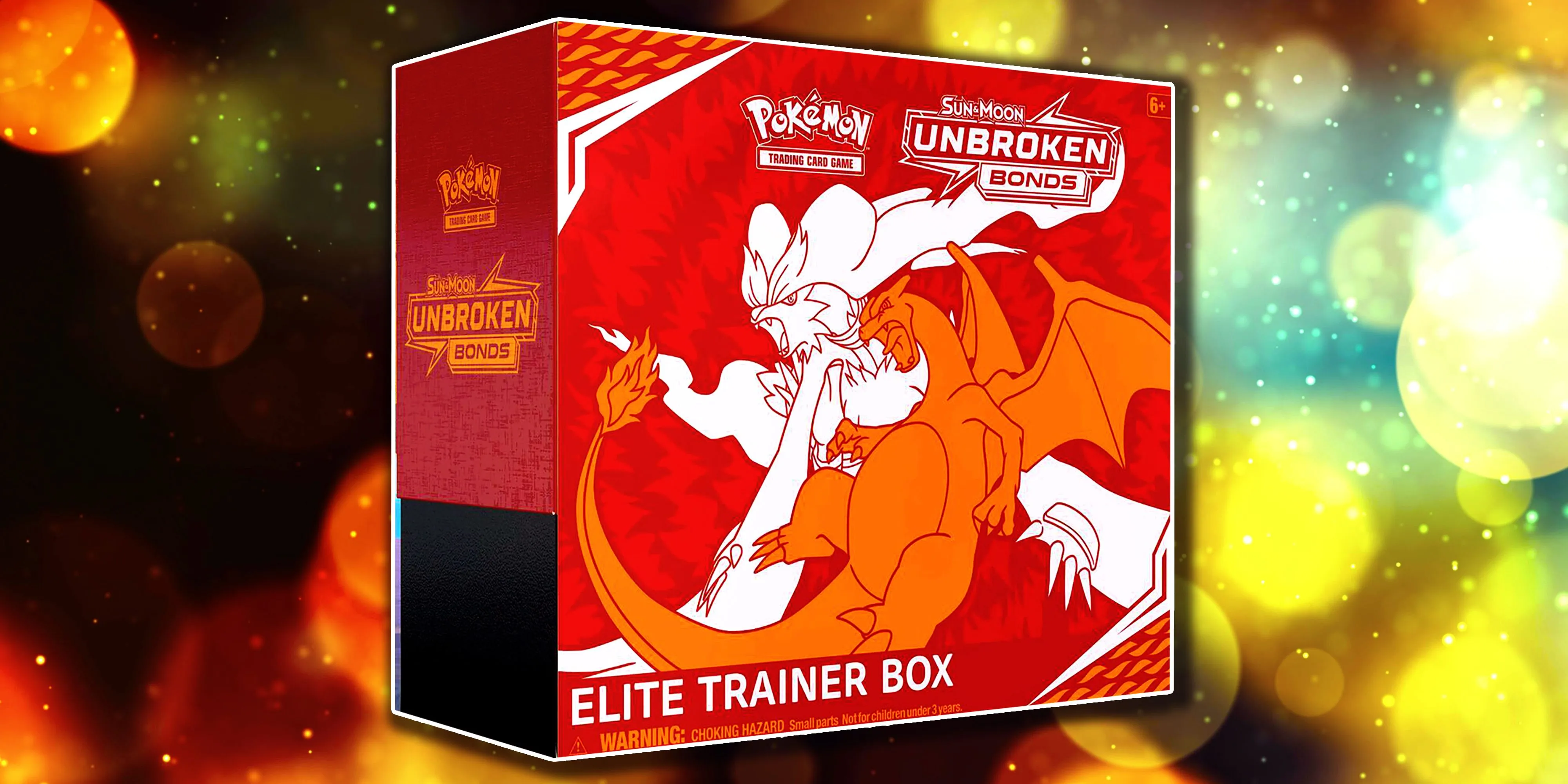 Hộp Elite Trainer Box Unbroken Bonds của Pokémon TCG với hình ảnh Reshiram và Charizard Tag Team.