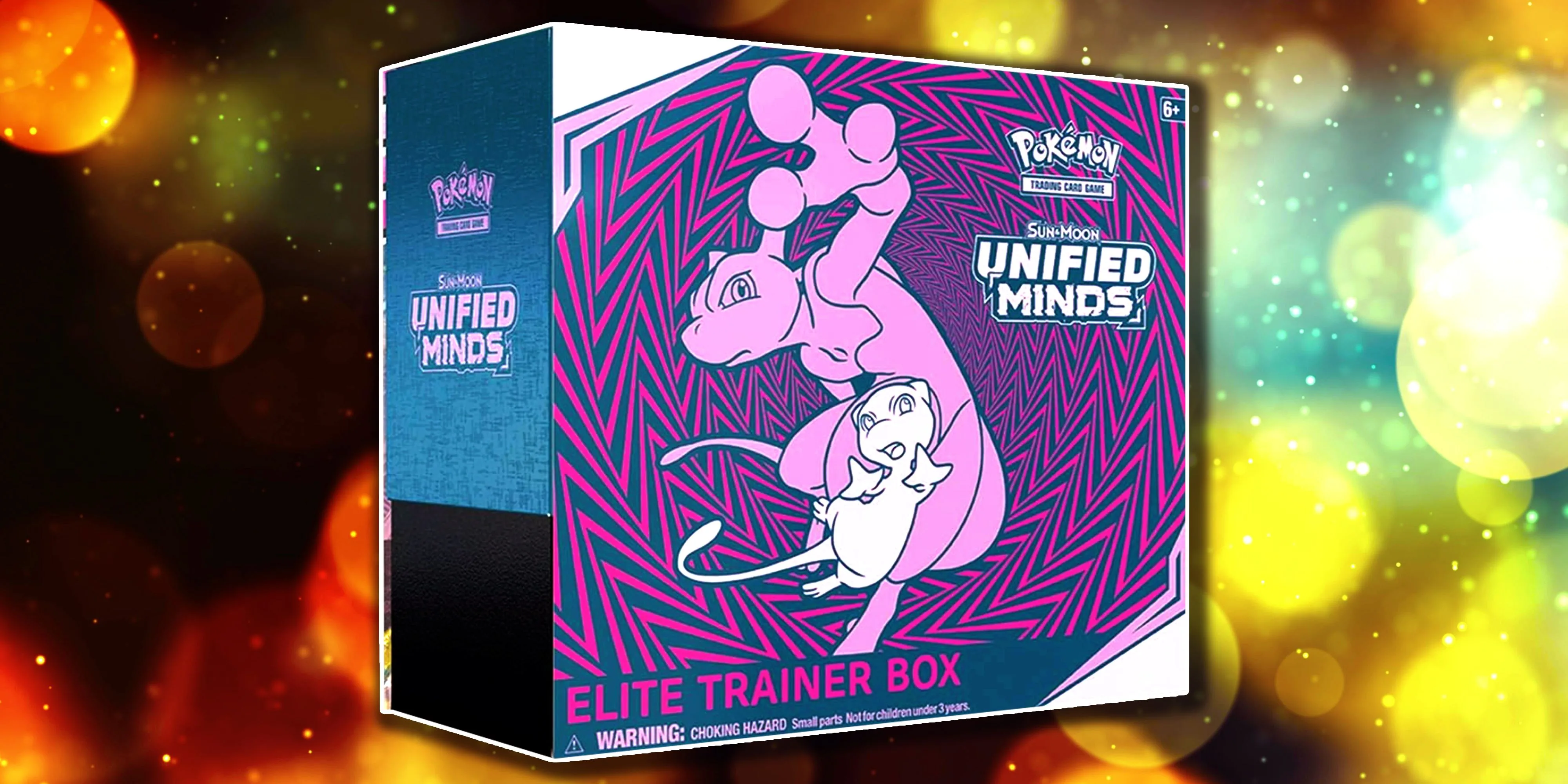 Hộp Elite Trainer Box Unified Minds từ Pokémon TCG với hình ảnh Mewtwo và Mew Tag Team.