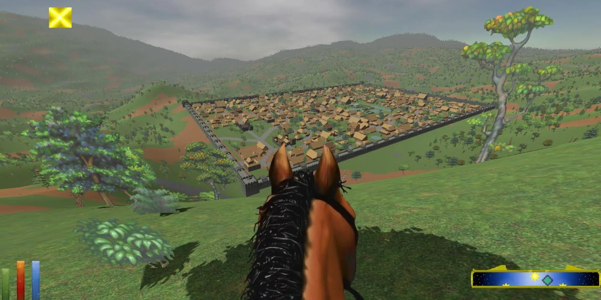 Khung cảnh rộng lớn từ góc nhìn thứ nhất trong The Elder Scrolls II: Daggerfall, một game PC có đồ họa ấn tượng năm 1996