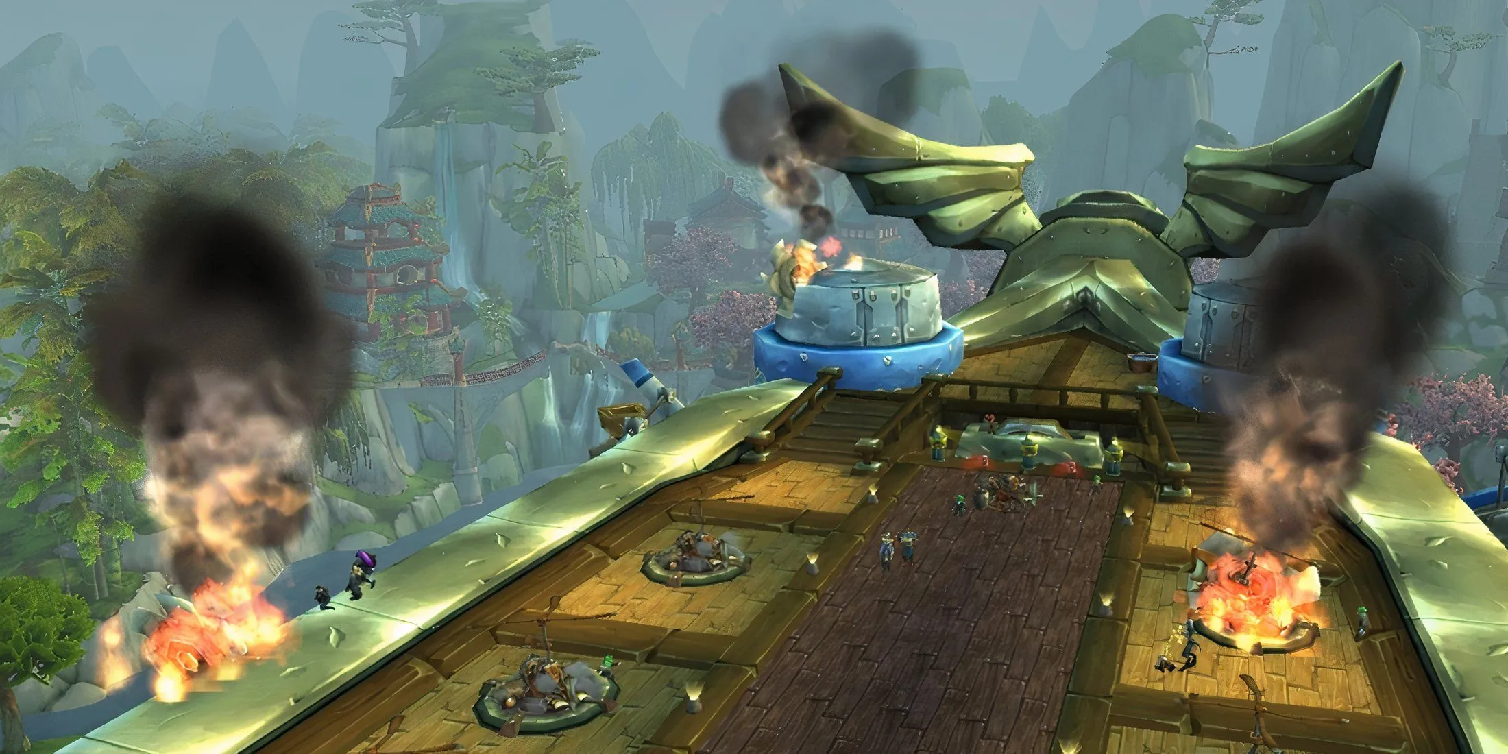 Khung cảnh từ chiến hạm The Skyfire khi phe Alliance giao tranh trên không phận Pandaria.