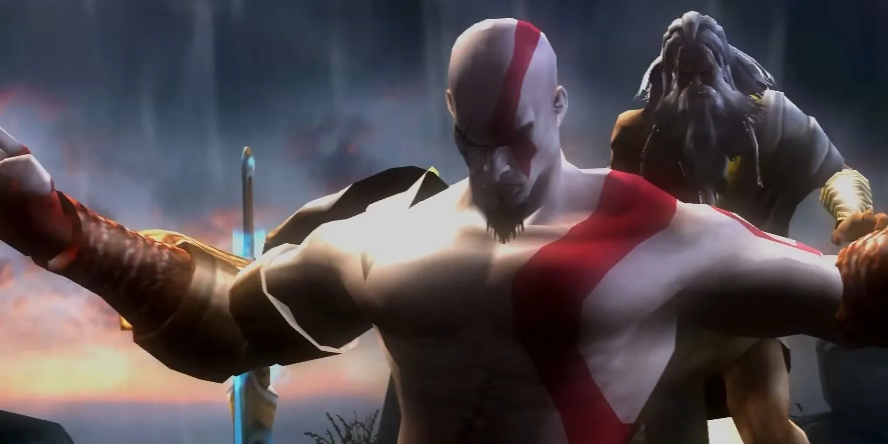 Kratos trong God of War 2, sẵn sàng đối mặt Zeus trong cuộc chiến báo thù trên PlayStation 2.