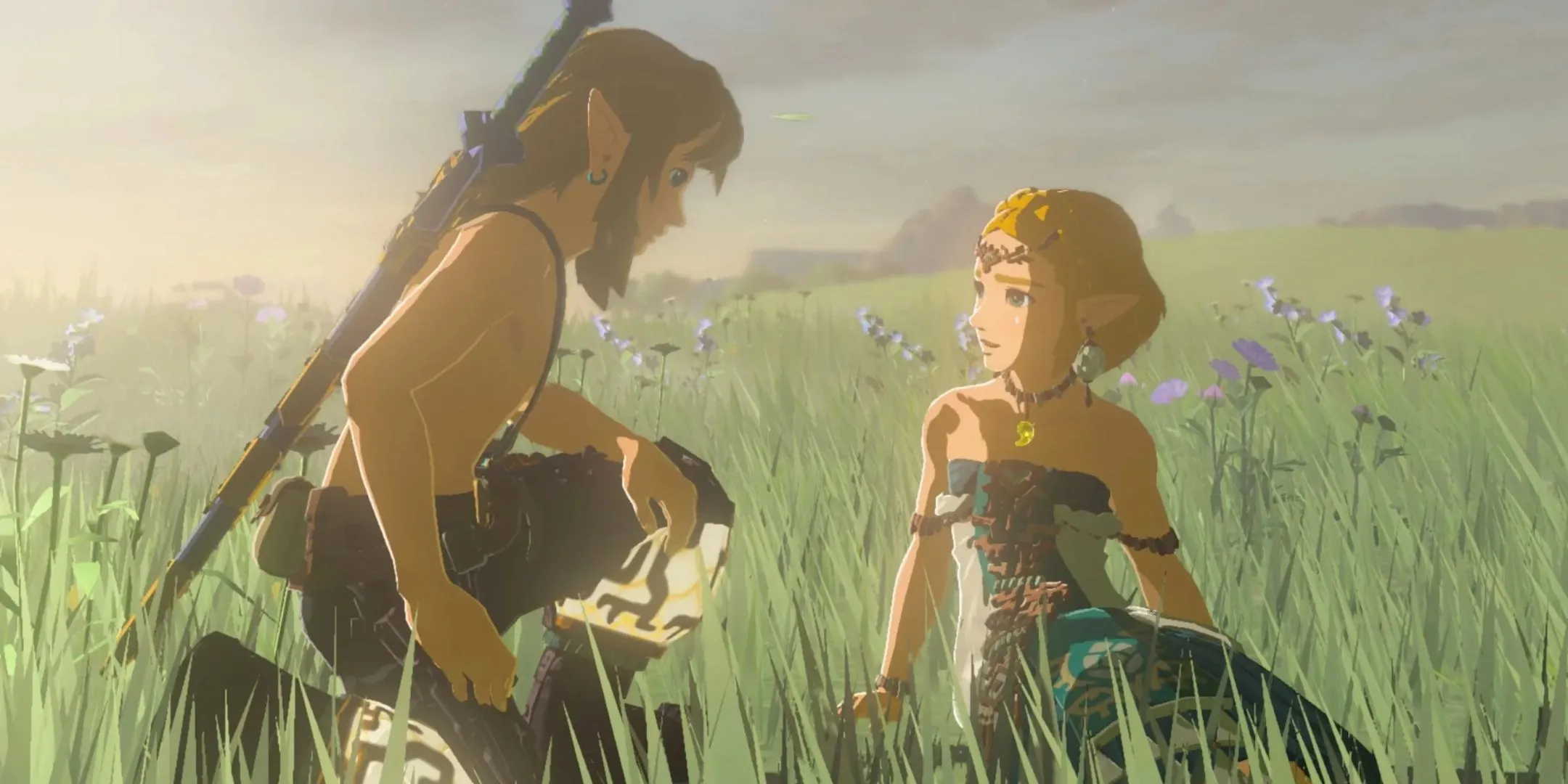 Link quỳ cạnh Zelda trong một cánh đồng hoa ở Tears of the Kingdom