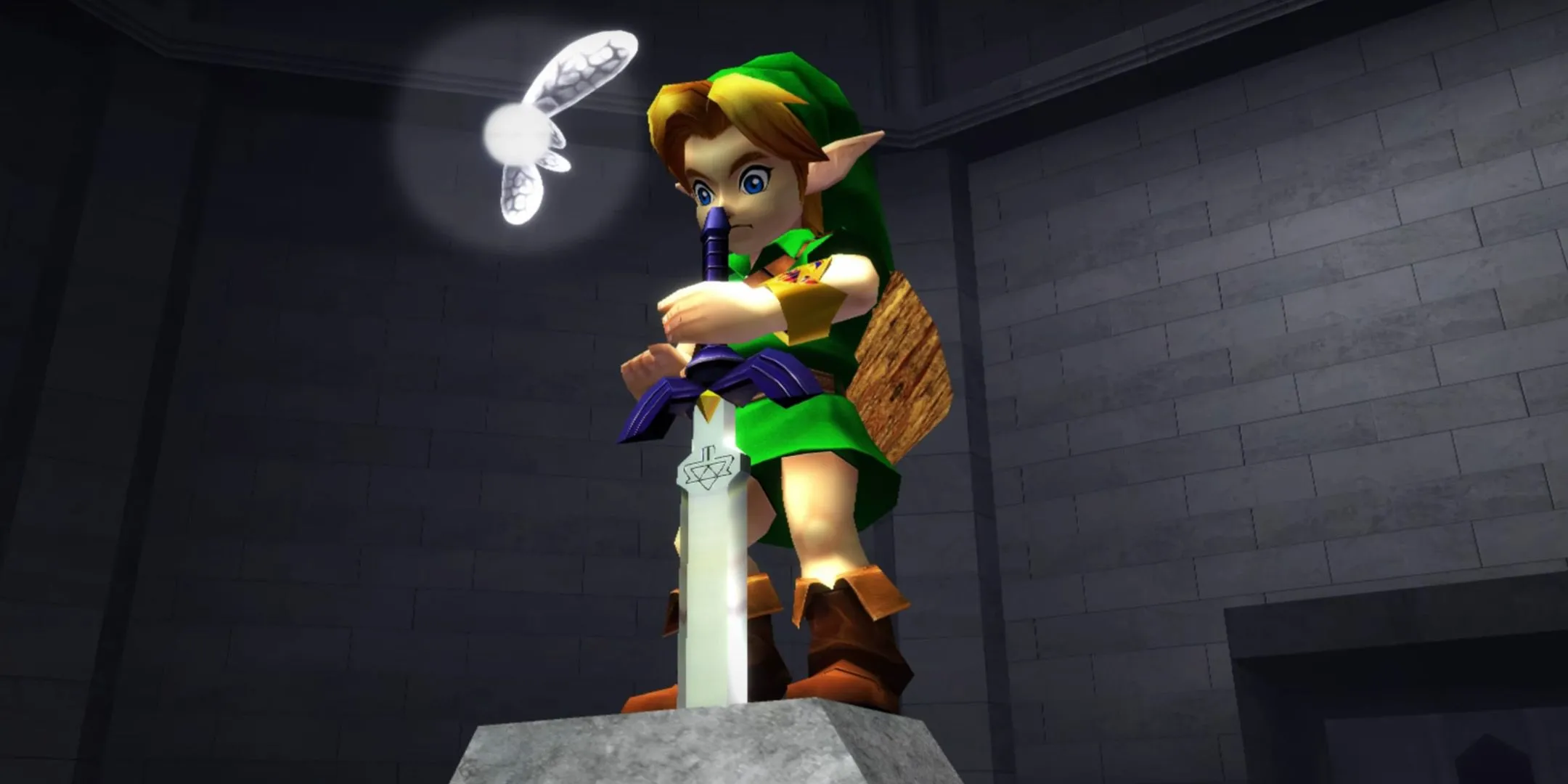 Link trẻ rút Master Sword cùng Navi trong Ocarina of Time 3D, đại diện cho nguyên tác cốt truyện.