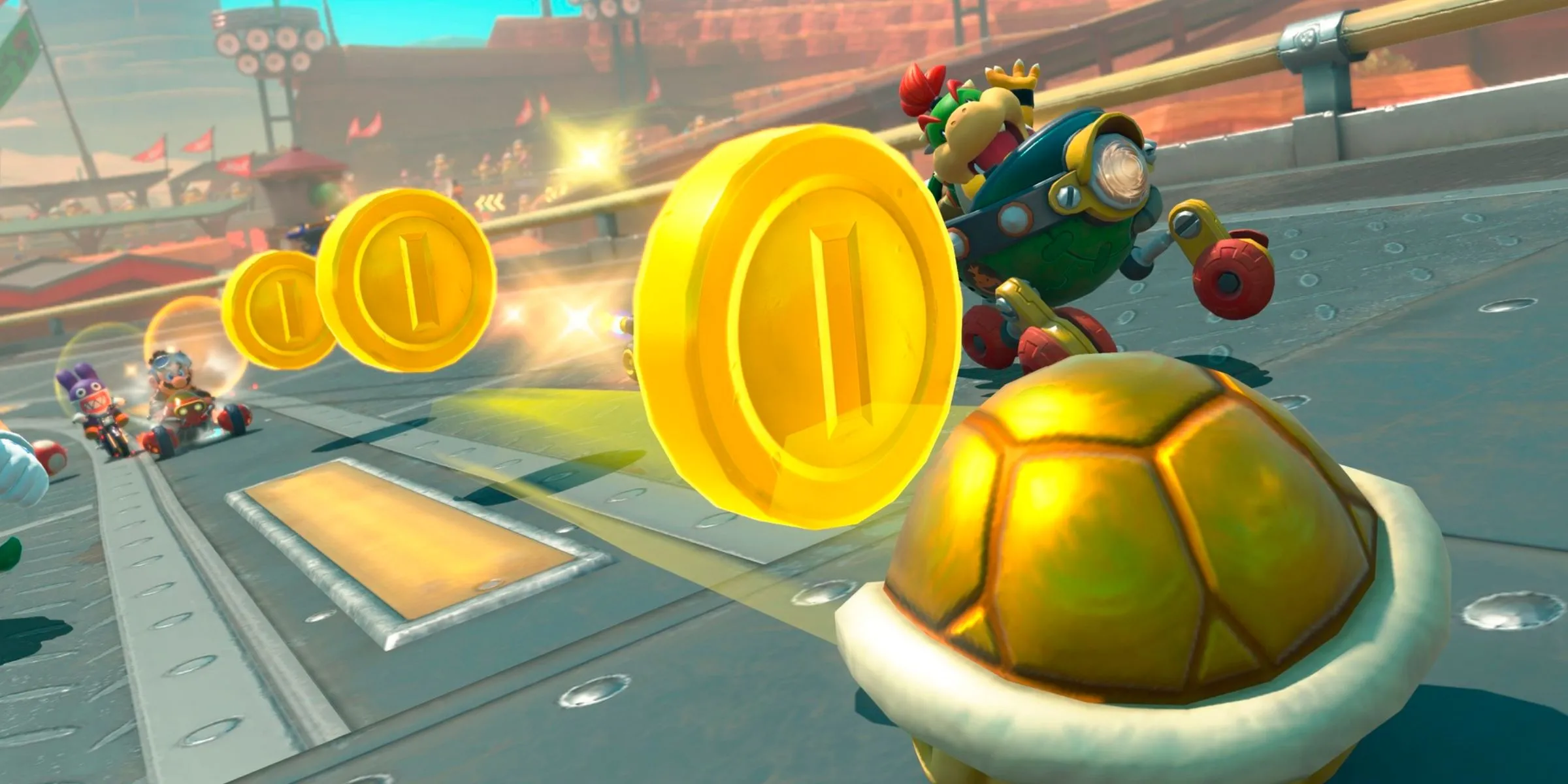 Mario đang ném Mai Rùa Xu về phía Bowser Jr. trên đường đua Mario Bros. Circuit trong Mario Kart World.