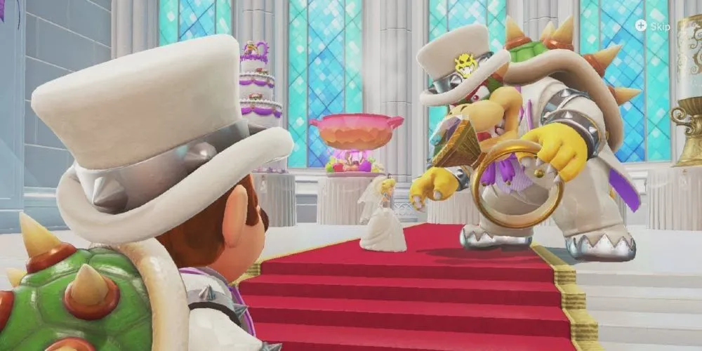Mario nhìn vào đám cưới có vẻ giữa Bowser và Công chúa Peach