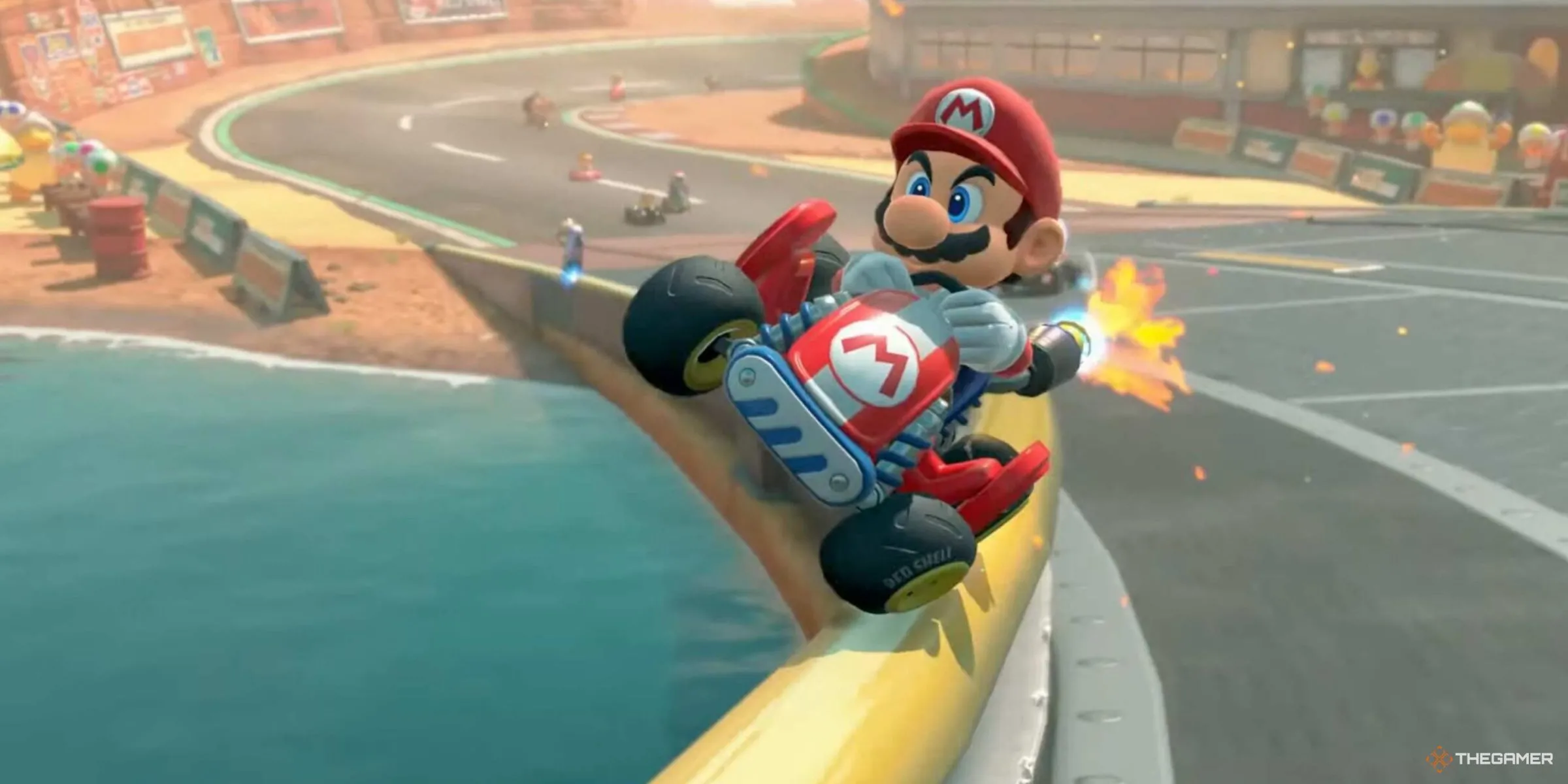 Mario trượt ray ôm cua trên đường đua Mario Bros. Circuit trong Mario Kart World.