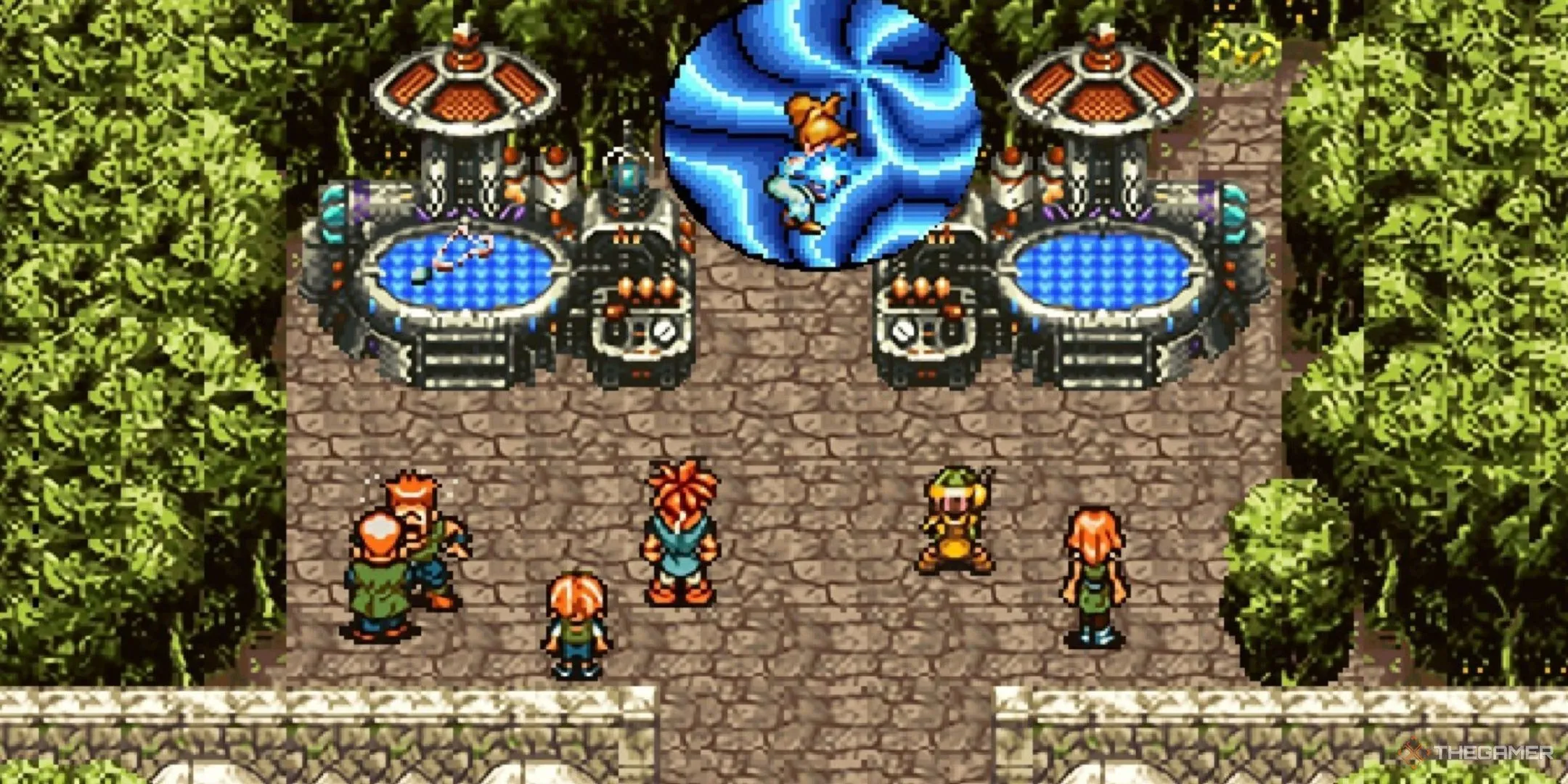 Marle bị kéo qua Cổng Thời Gian khi Crono và Lucca chứng kiến trong Chrono Trigger