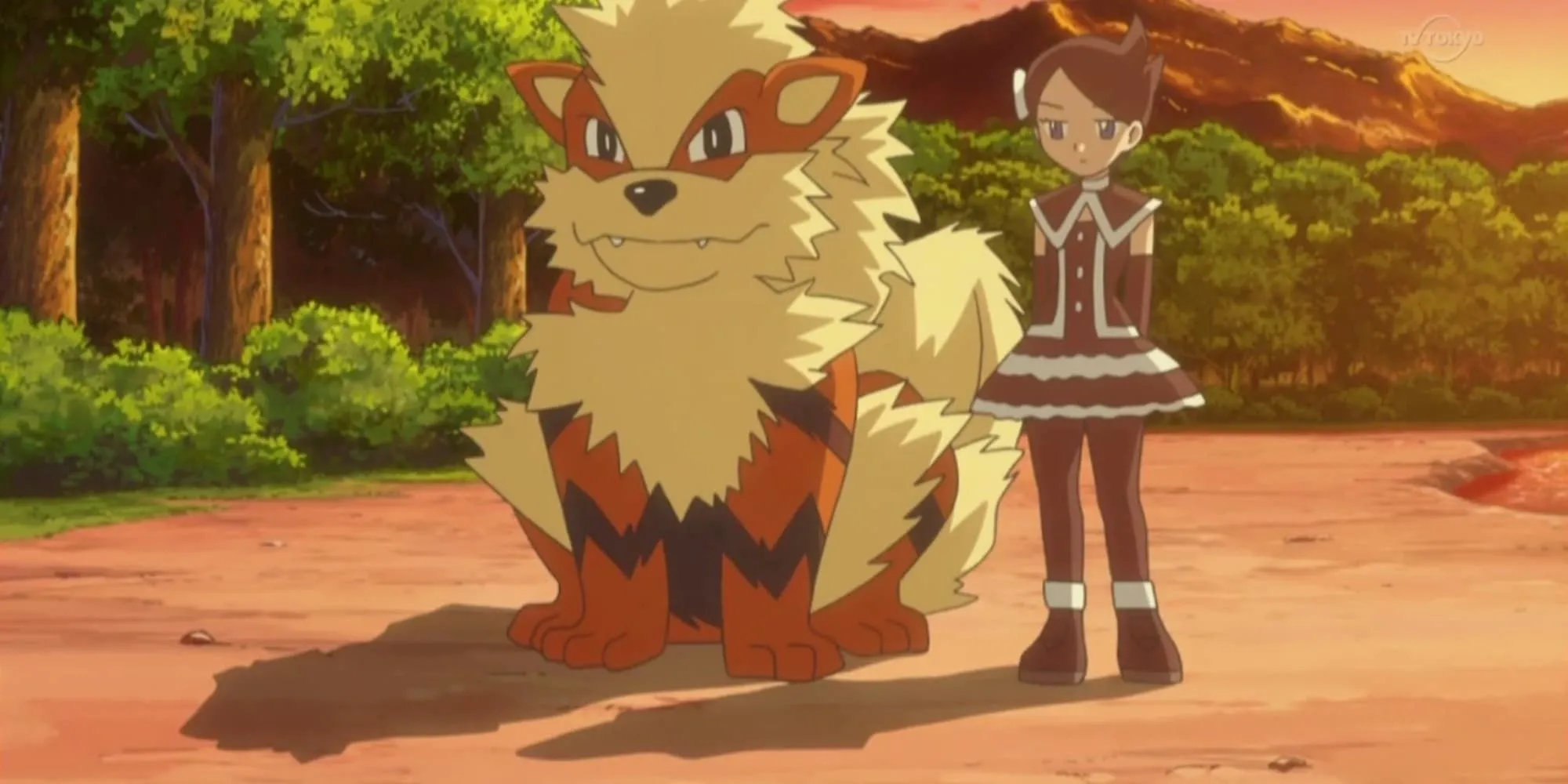 Marley và Arcanine của cô ấy trong khung cảnh hoàng hôn lãng mạn