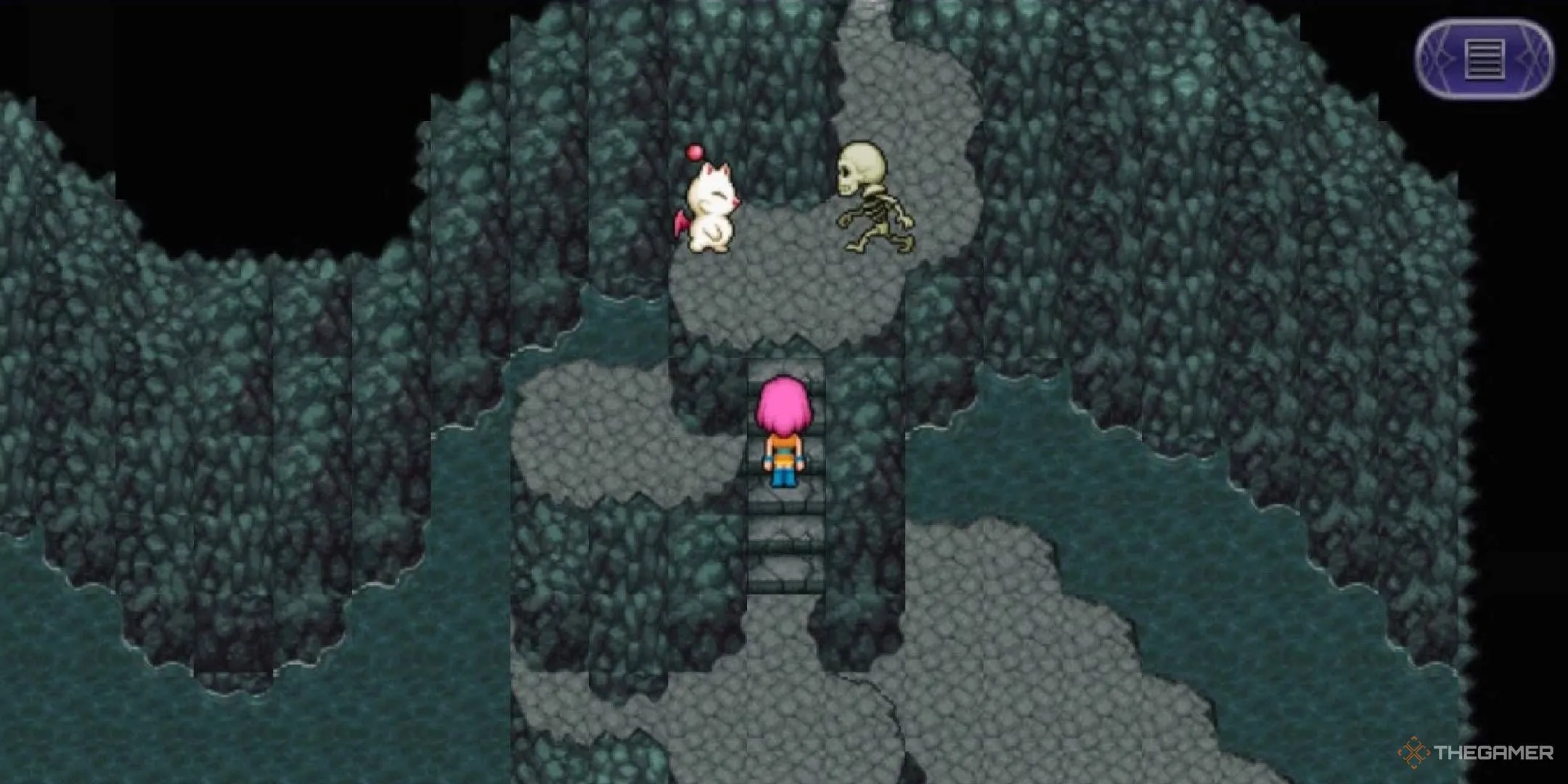 Một bộ xương tấn công Moogle trong Hệ Thống Cống Ngầm của Final Fantasy 5, gần Làng Moogle