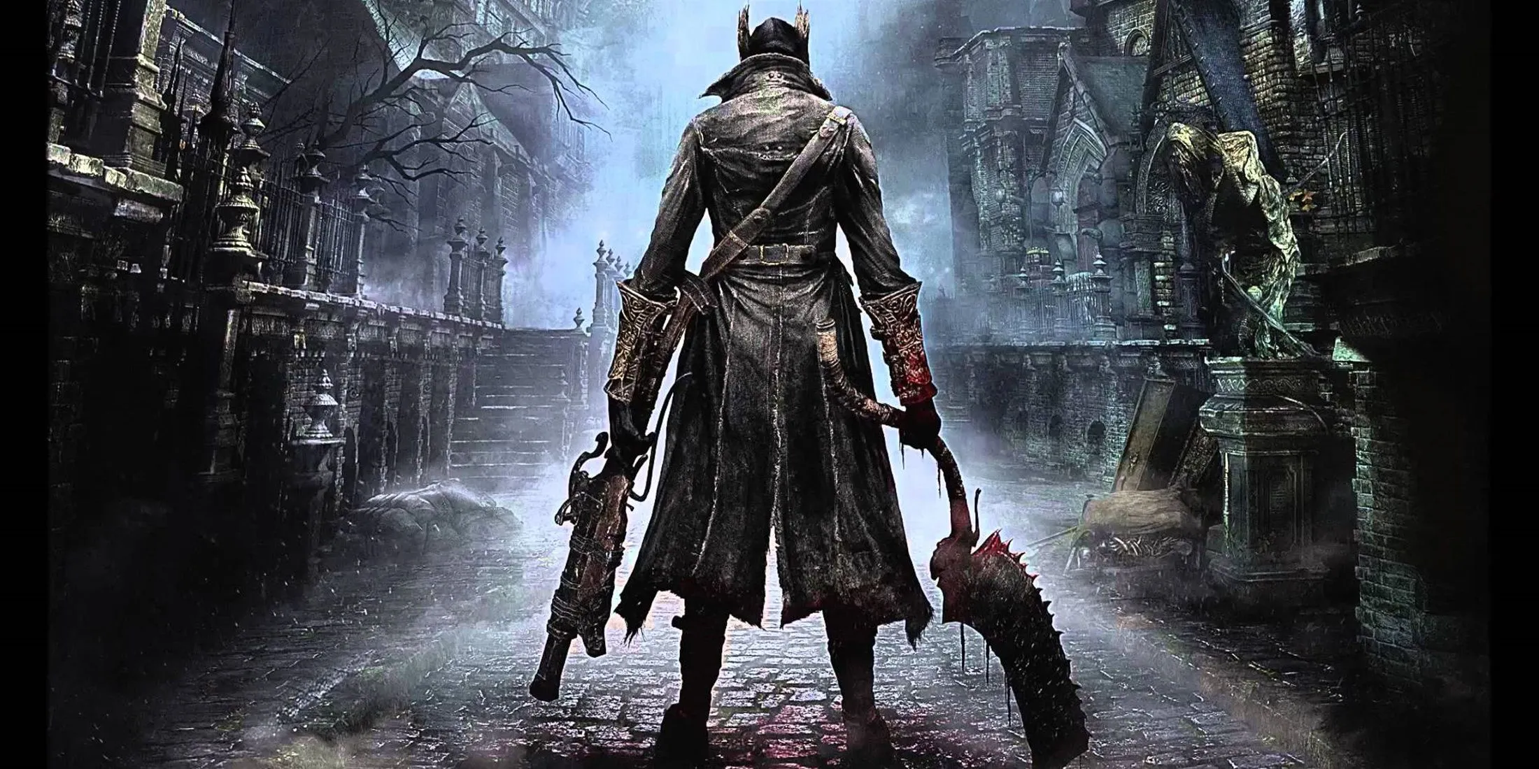 Một thợ săn đang khám phá đường phố Yharnam trong Bloodborne