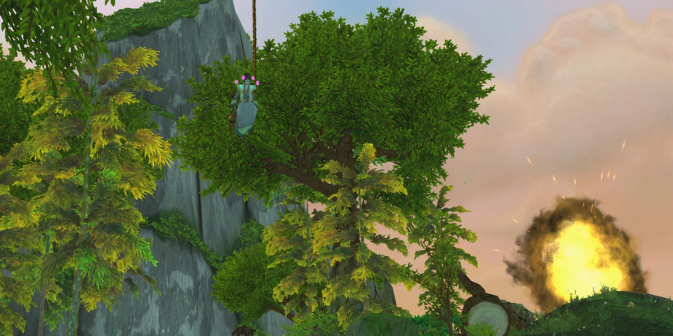 Người chơi phe Horde hạ cánh xuống Rừng Ngọc tại Pandaria sau khi thoát khỏi chiến hạm.