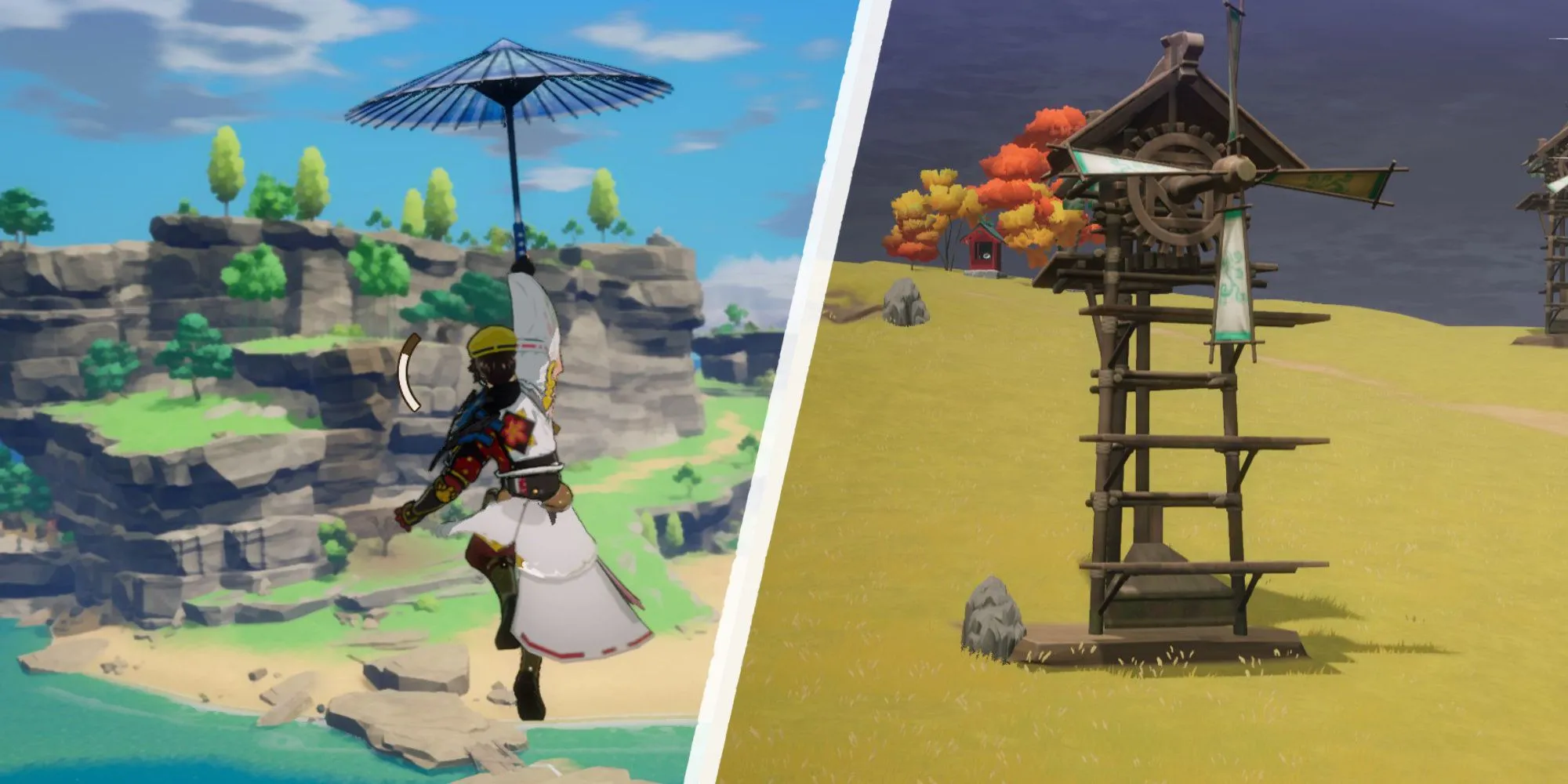Nhân vật bay dù lượn và leo lên cối xay gió khi khám phá trong Rune Factory Guardians of Azuma