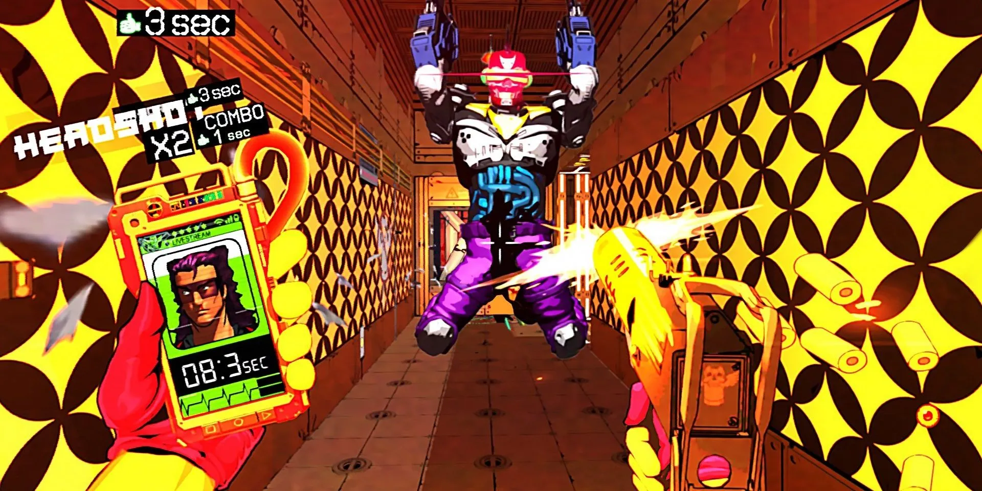 Nhân vật chính bắn robot trong Mullet MadJack với phong cách đồ họa cyberpunk