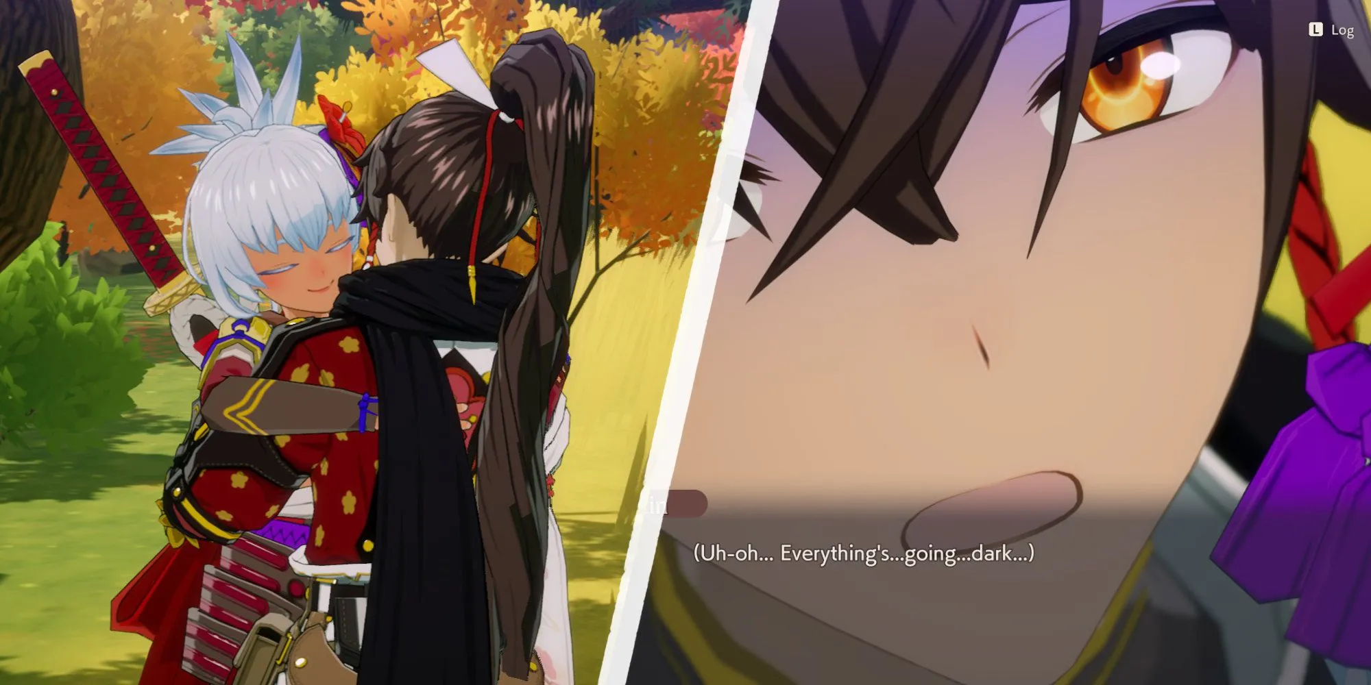 Nhân vật chính bị Matsuri ôm siết trong Rune Factory Guardians of Azuma
