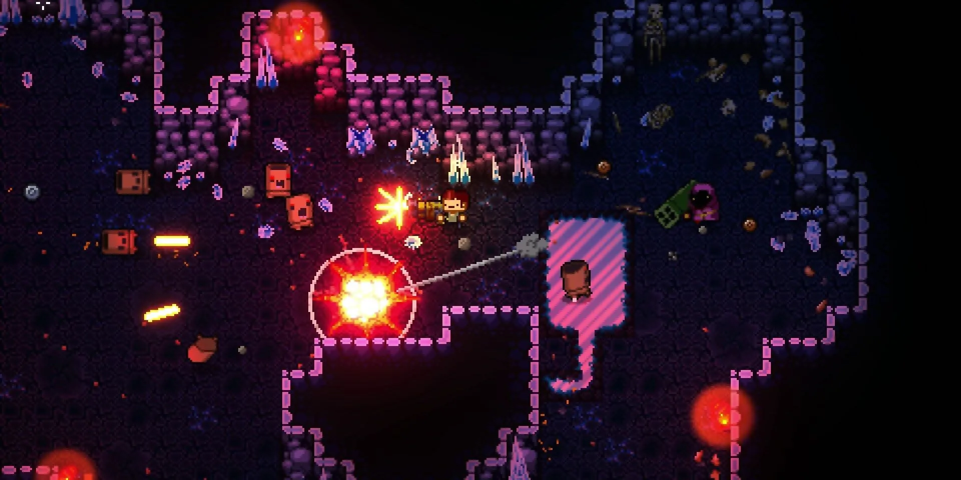 Nhân vật chính chiến đấu với kẻ thù bằng súng trong game Enter the Gungeon