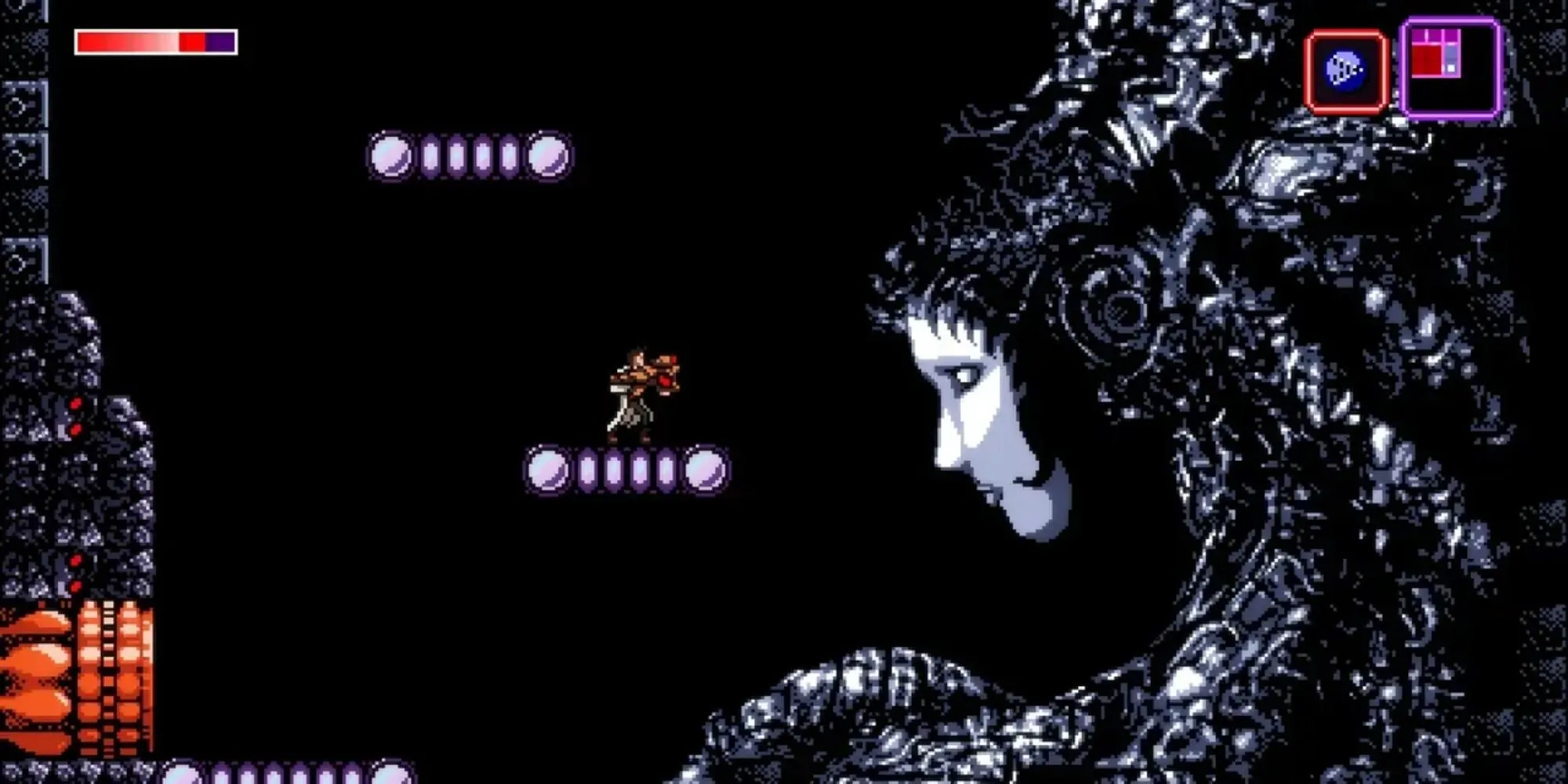Nhân vật chính Trace trong Axiom Verge với khẩu súng đặc biệt