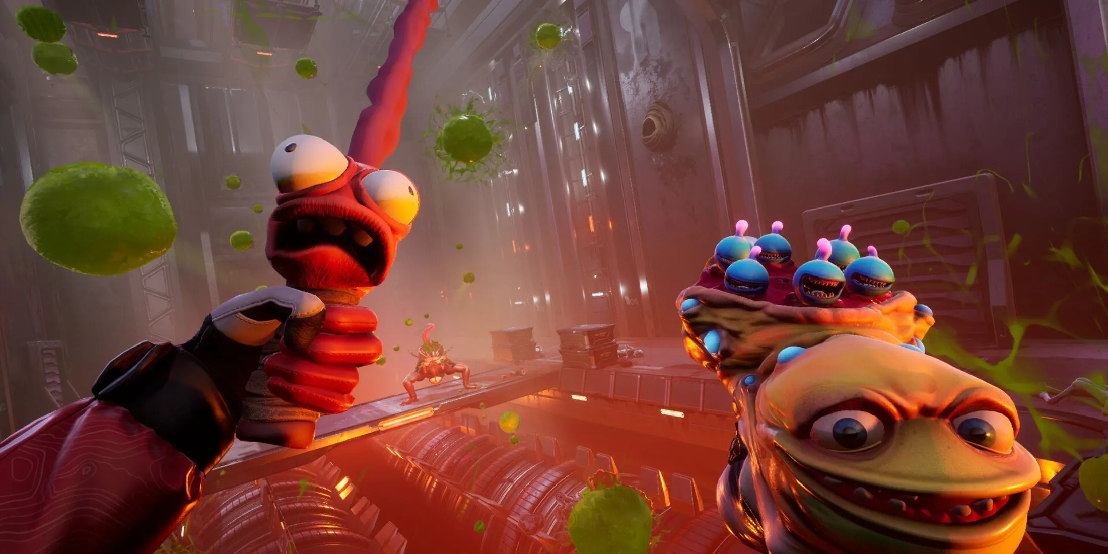 Nhân vật chính và khẩu súng biết nói Gene trong game High On Life, một tựa game FPS hài hước
