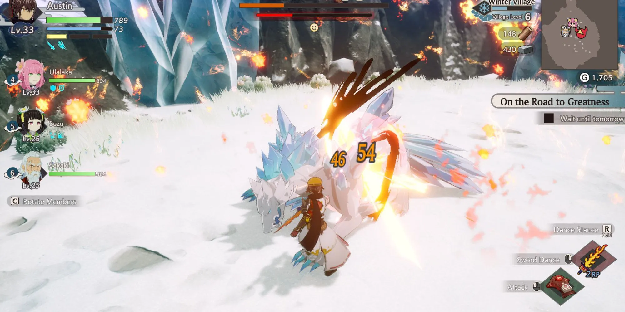 Nhân vật đang chiến đấu với boss White Wolf trong Rune Factory Guardians of Azuma
