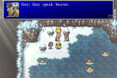 Nhân vật Guy trò chuyện với loài hải ly khổng lồ trong Final Fantasy 2, một &quot;Moogle nguyên mẫu&quot;