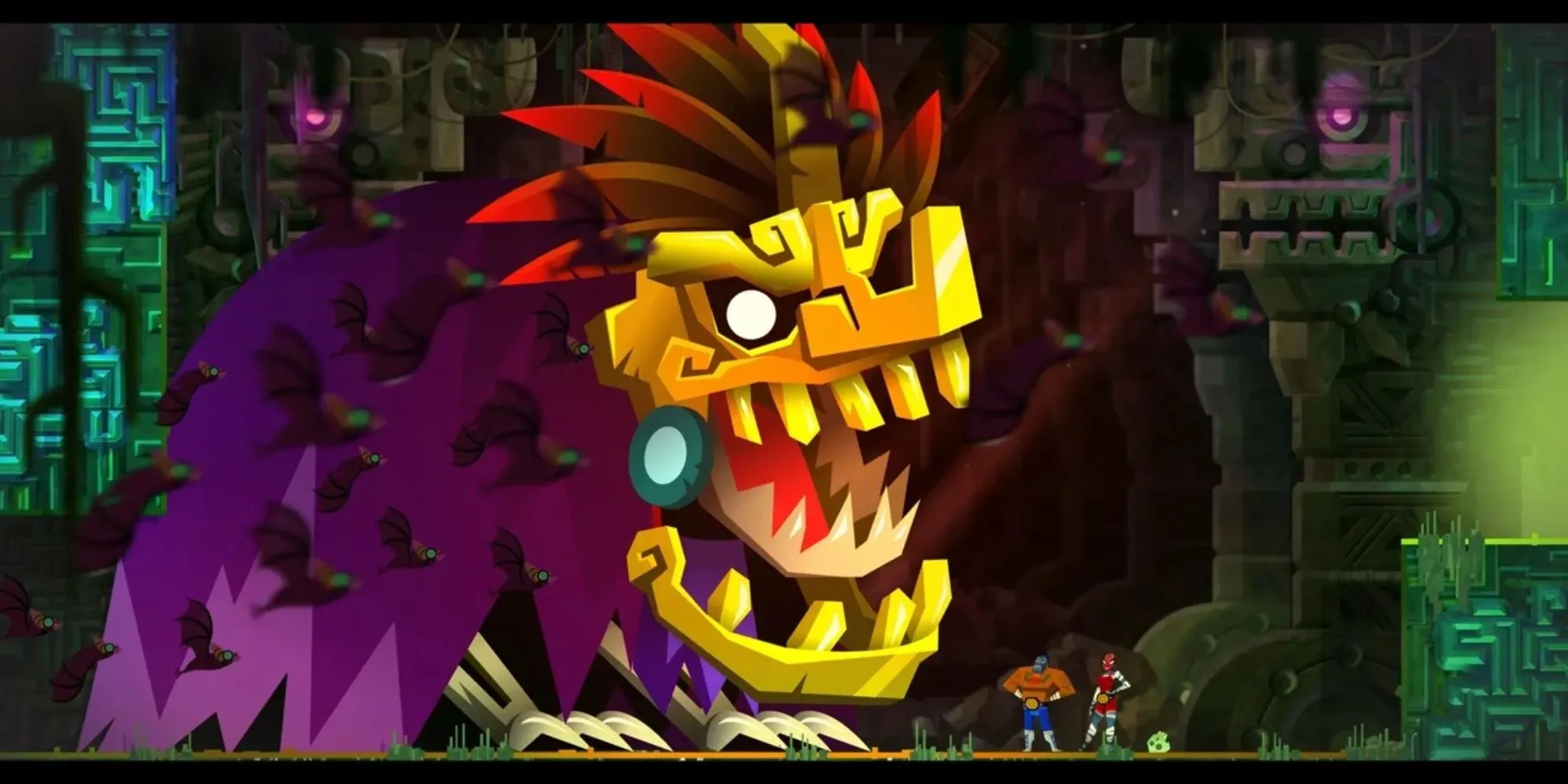 Nhân vật Juan Aguacate trong Guacamelee 2 đang nhảy qua chướng ngại vật đầy màu sắc