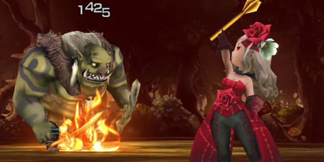 Nhân vật Magnolia trong trang phục Red Mage tấn công quái vật Ogre trong Bravely Second: End Layer.