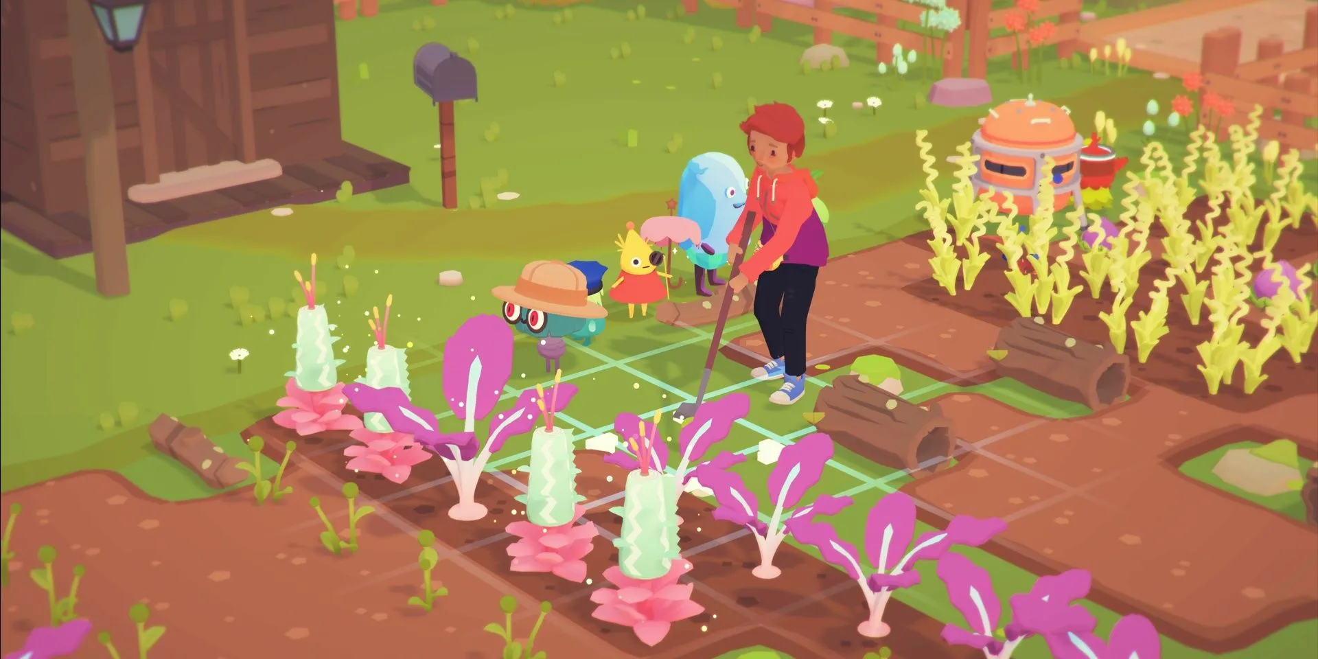 Nhân vật người chơi đang chăm sóc cây trồng trên nông trại trong game Ooblets
