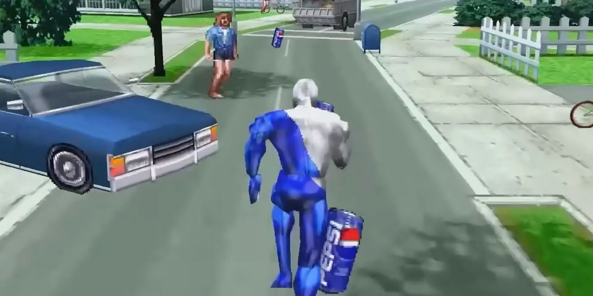 Nhân vật Pepsiman đang chạy nhanh trên đường phố trong game Pepsiman