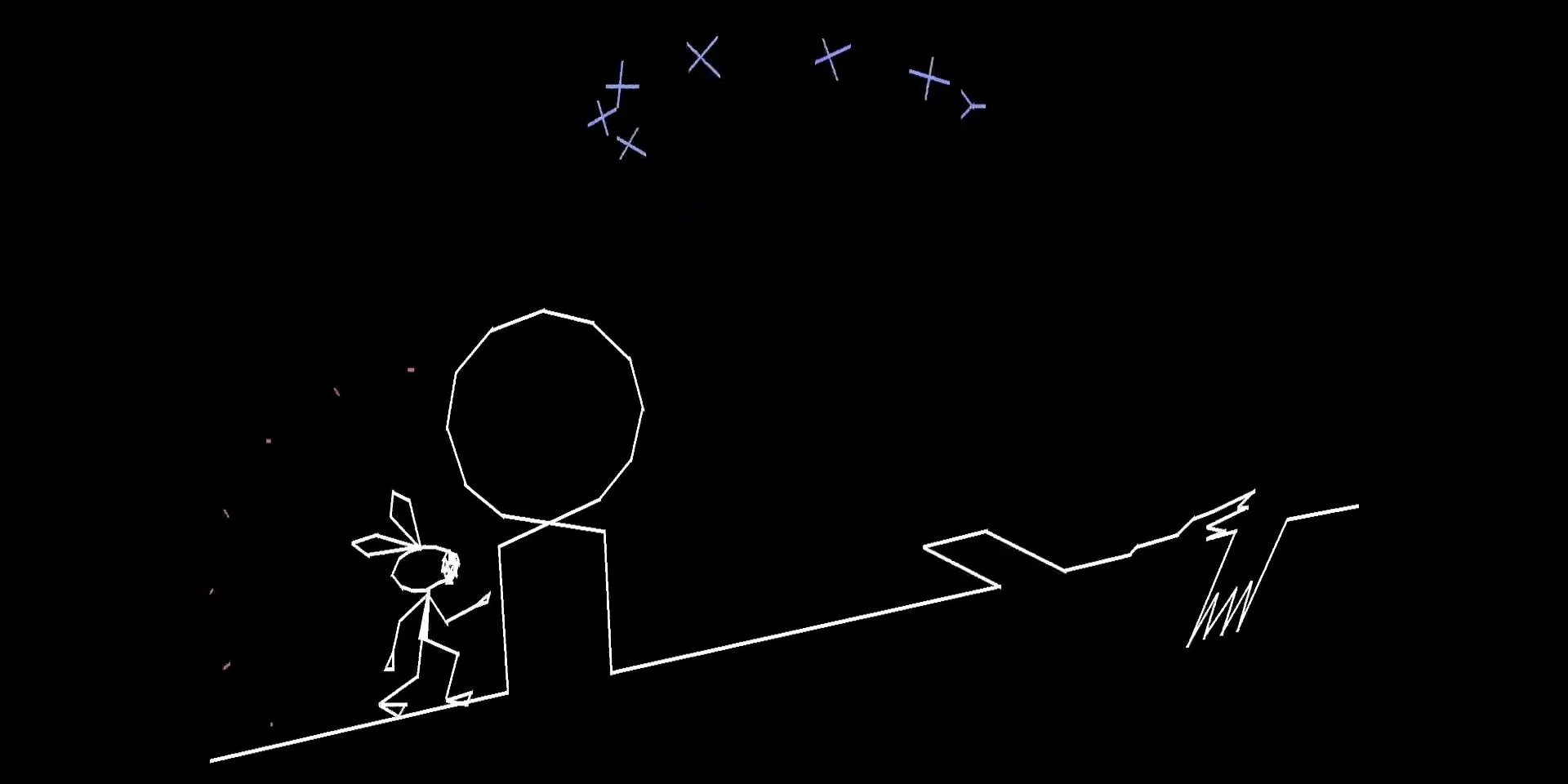 Nhân vật Vibri né chướng ngại vật trên một đường thẳng trong game Vib-Ribbon