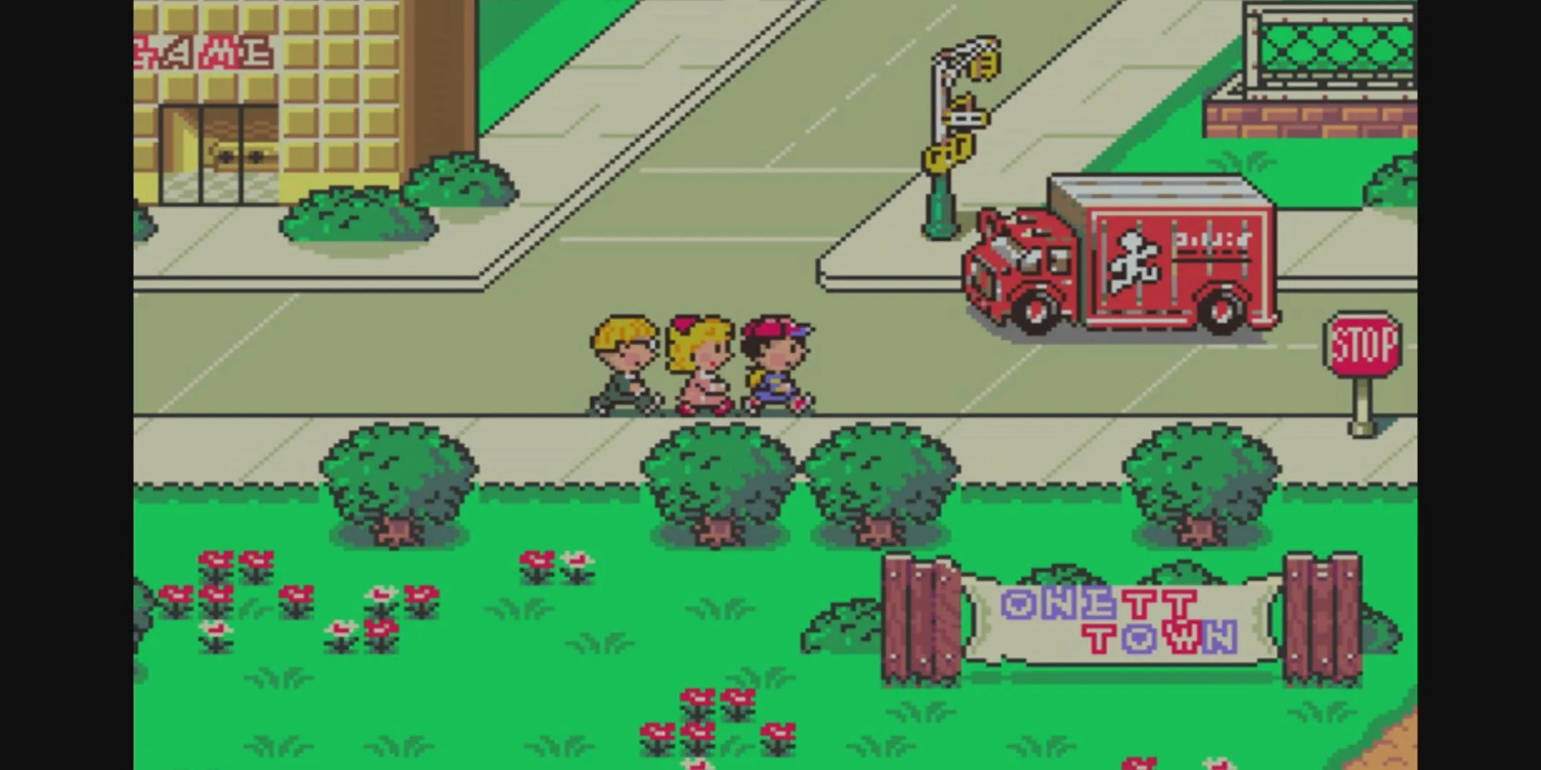 Nhóm nhân vật chính đi bộ trên một con phố ngoại ô trong game EarthBound