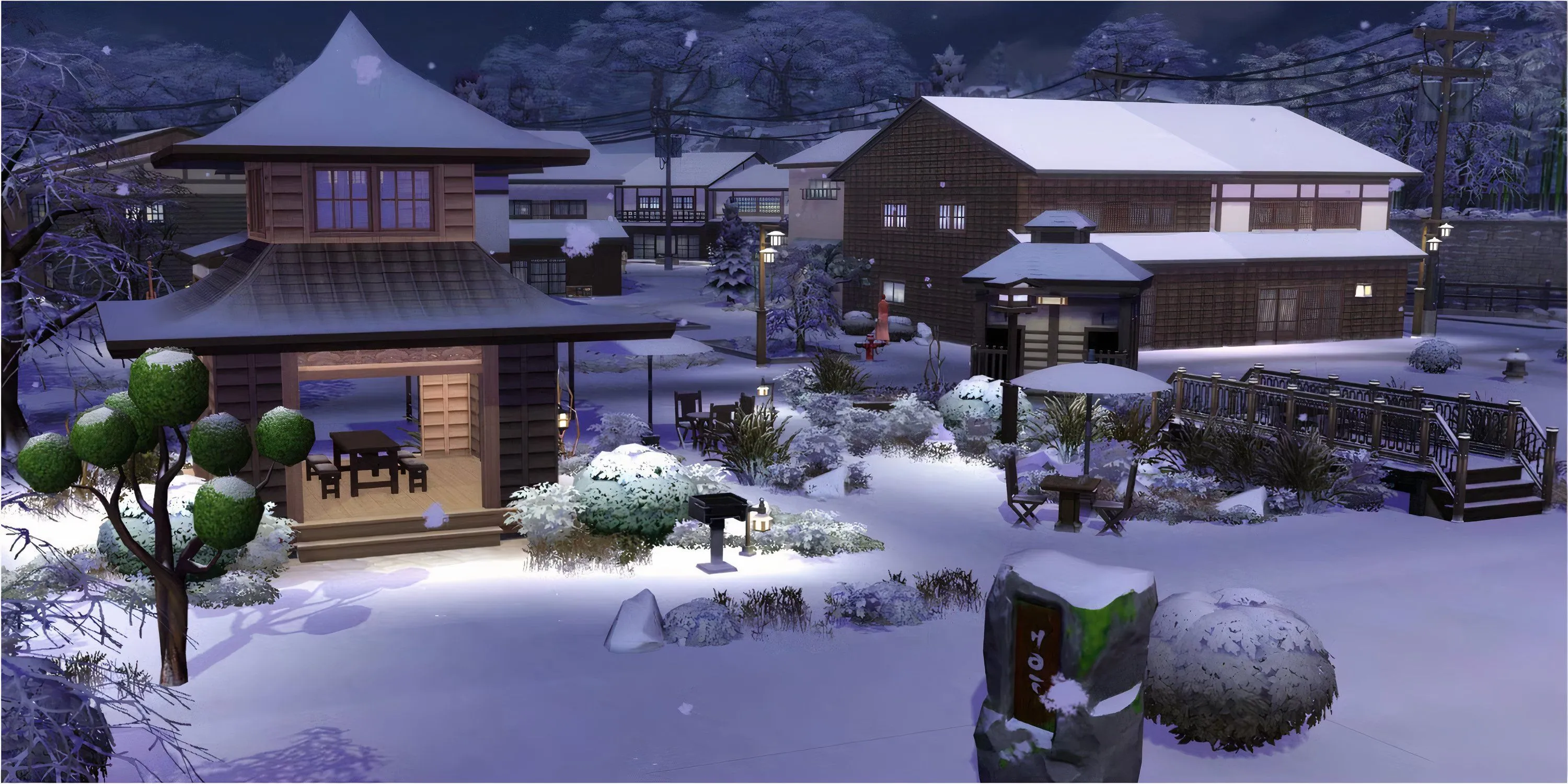 Nội thất ấm áp của khu nghỉ dưỡng Kiyomatsu Vacation Rental trong The Sims 4 Mt. Komorebi