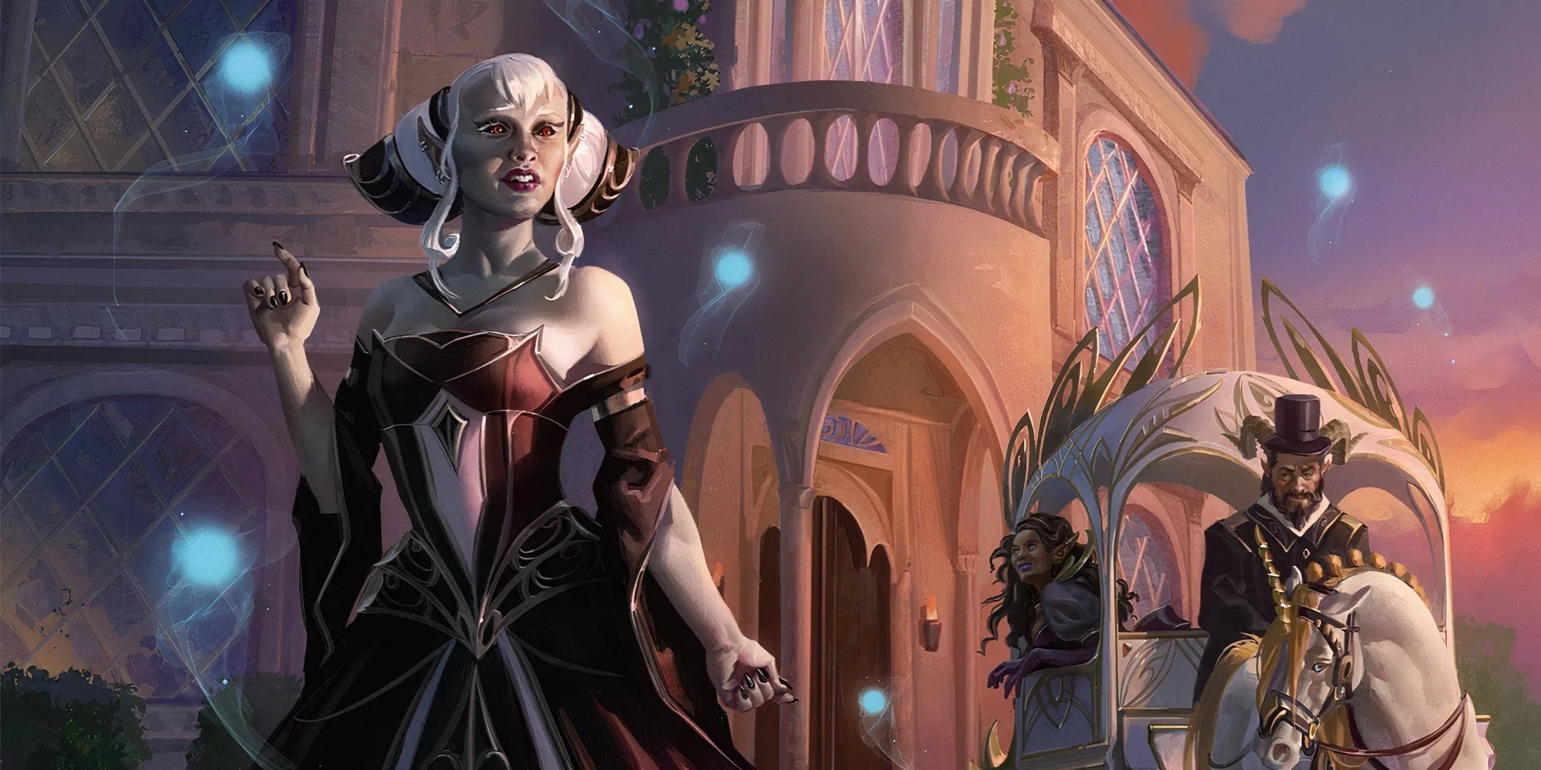 Nữ chủ nhân chào đón khách tại tiệc ở dinh thự Paliset Hall trong Feywild của D&amp;D
