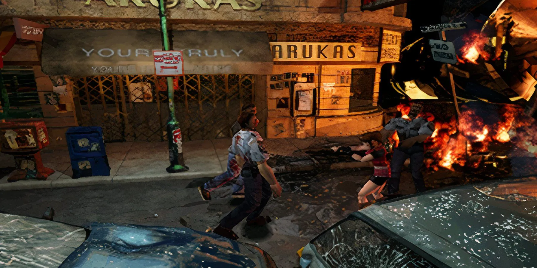 Nữ nhân vật Claire Redfield trong Resident Evil 2 bắn zombie trên đường phố Raccoon City