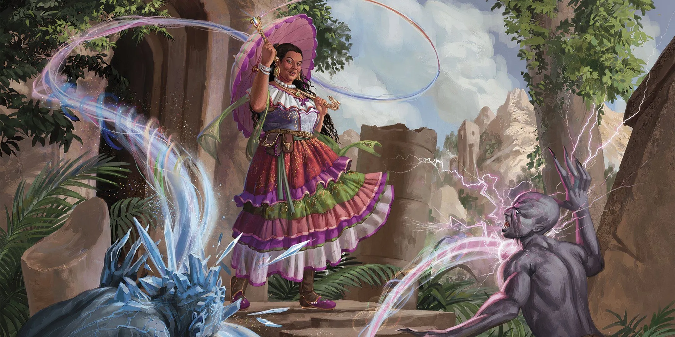 Nữ Sorcerer D&amp;D sử dụng đũa phép để thi triển ma thuật