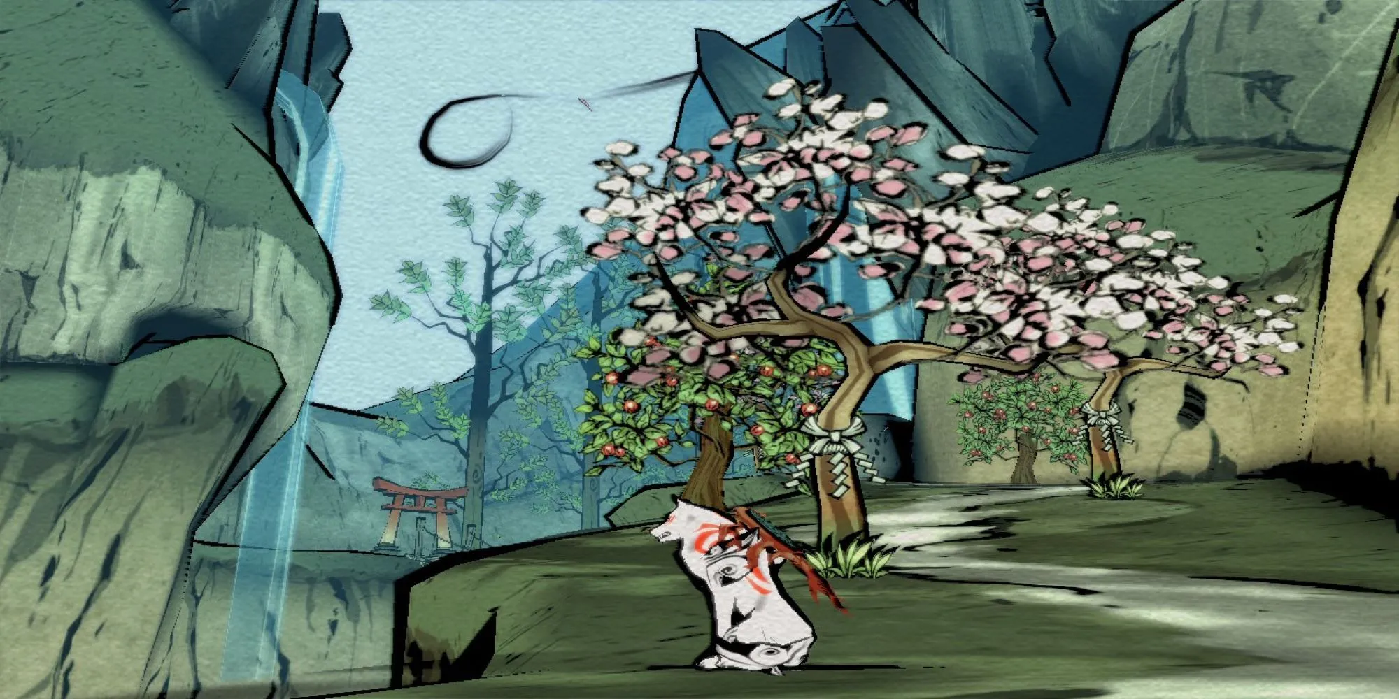 Nữ thần Amaterasu trong hình hài sói tại thế giới tuyệt đẹp của Okami, game phiêu lưu độc đáo trên PS2.