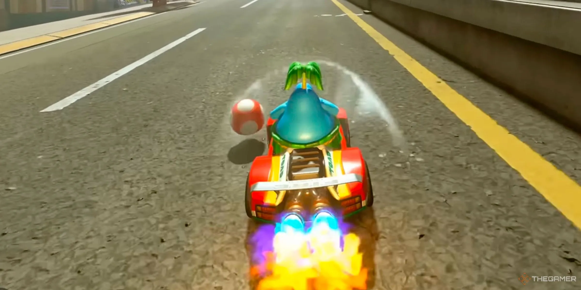 Pianta đang nhận được cú tăng tốc lướt gió khi giữ một cây Nấm tại Crown City trong Mario Kart World.
