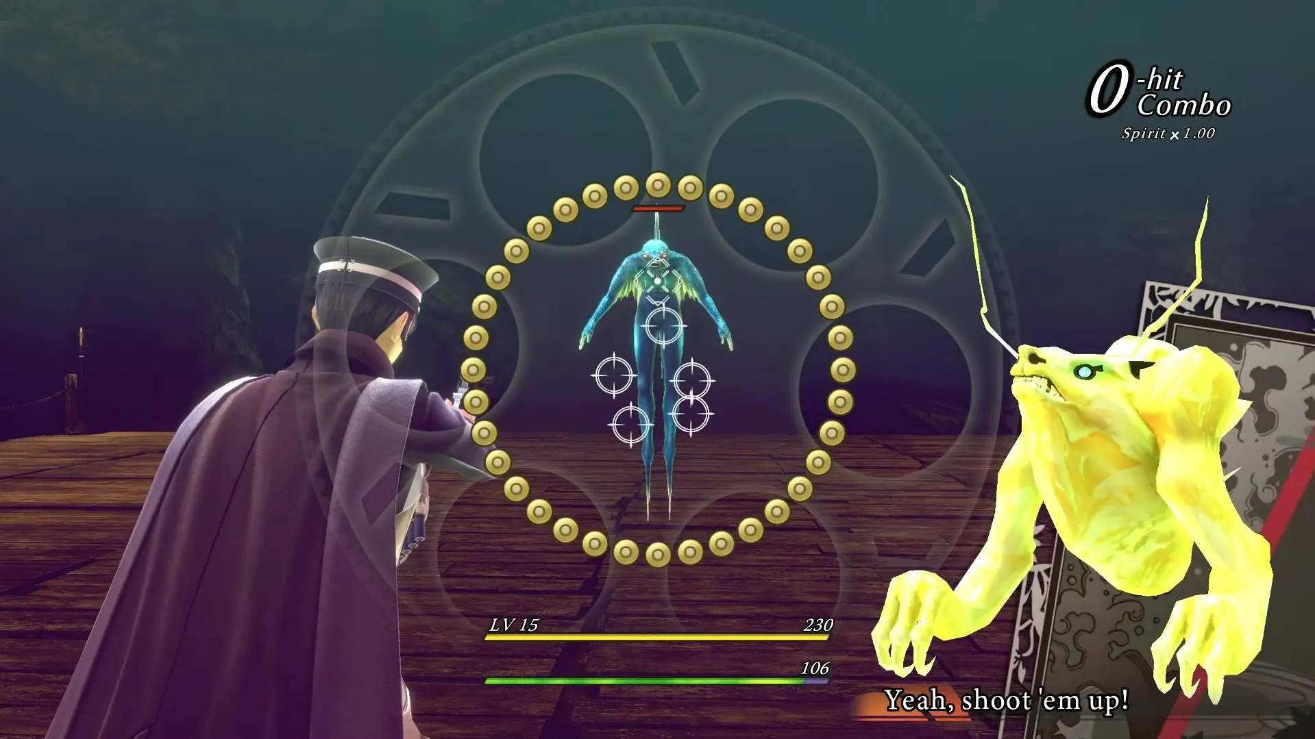Raidou Kuzunoha sử dụng súng trong trận chiến để làm chậm quỷ bay trong RAIDOU Remastered
