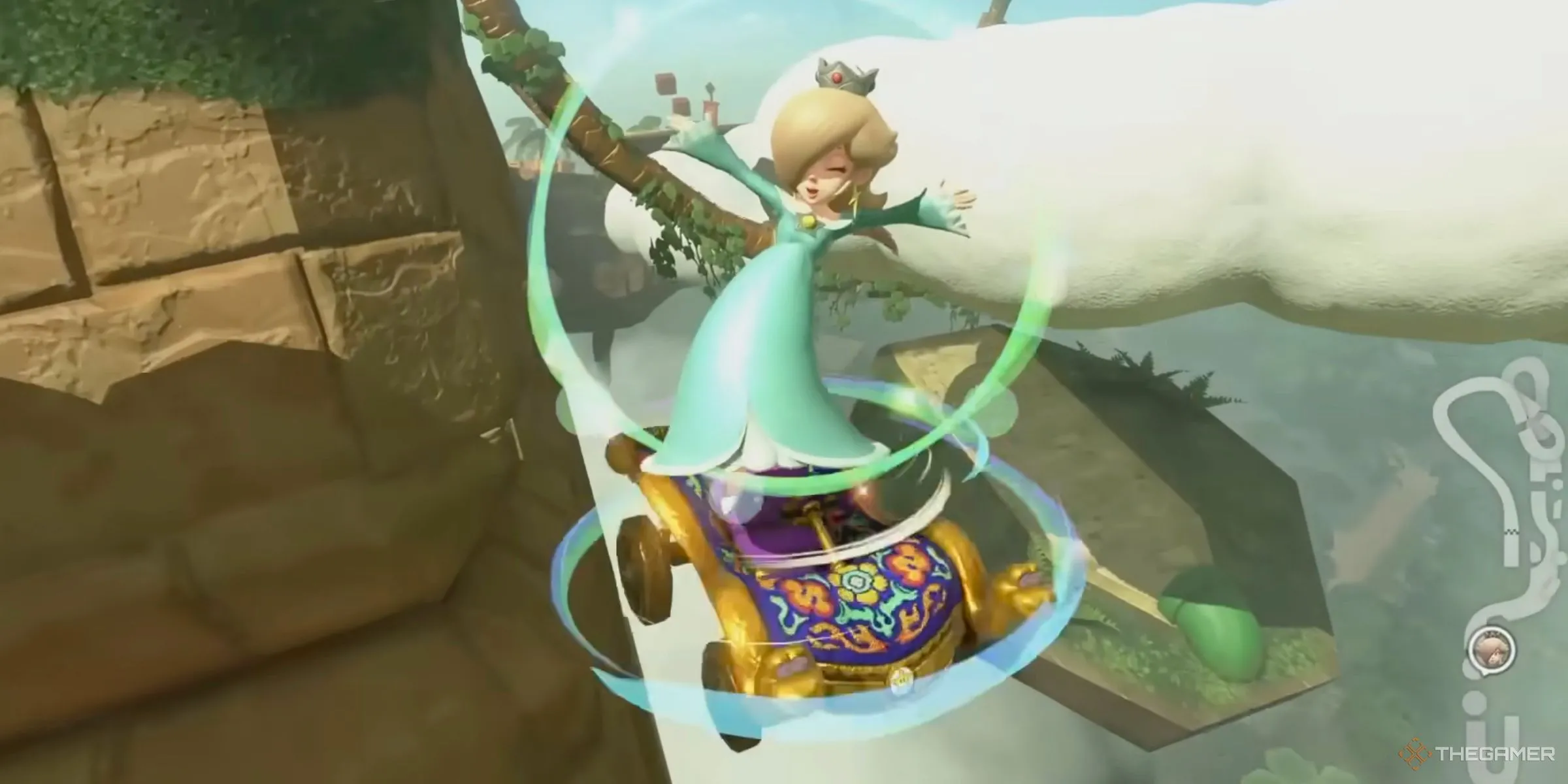 Rosalina thực hiện cú Nhảy Sạc từ rìa của Great Question Block Ruins để đi đường tắt trong Mario Kart World.