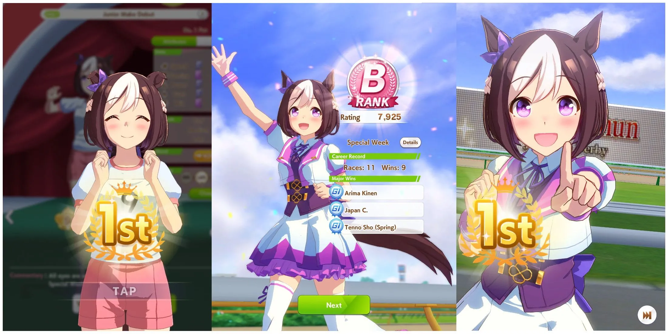 Special Week ăn mừng chiến thắng sau khi tối ưu chỉ số trong Umamusume Pretty Derby