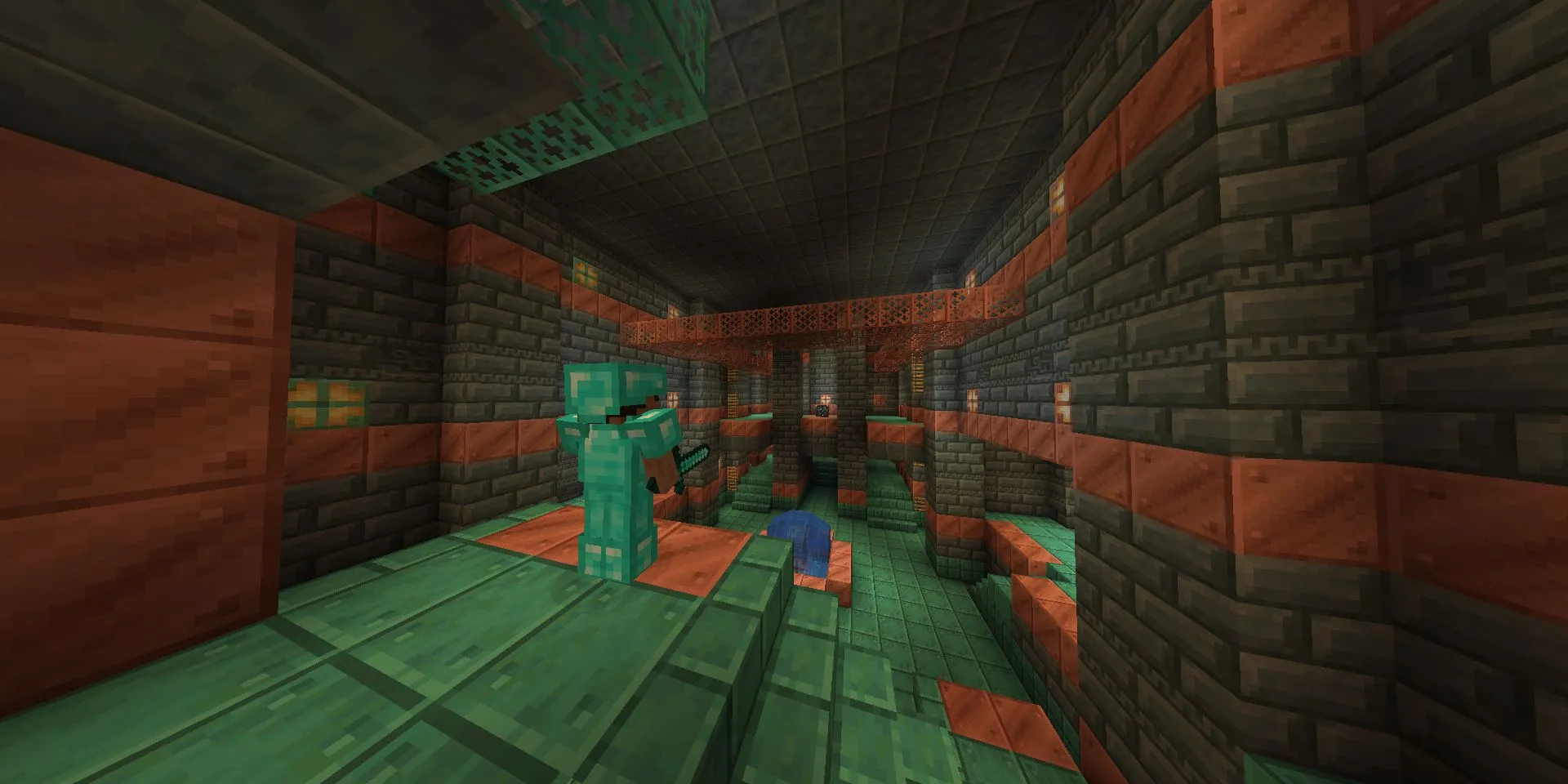 Steve khám phá hầm ngục Trial Chamber, một khía cạnh sinh tồn và phiêu lưu của Minecraft