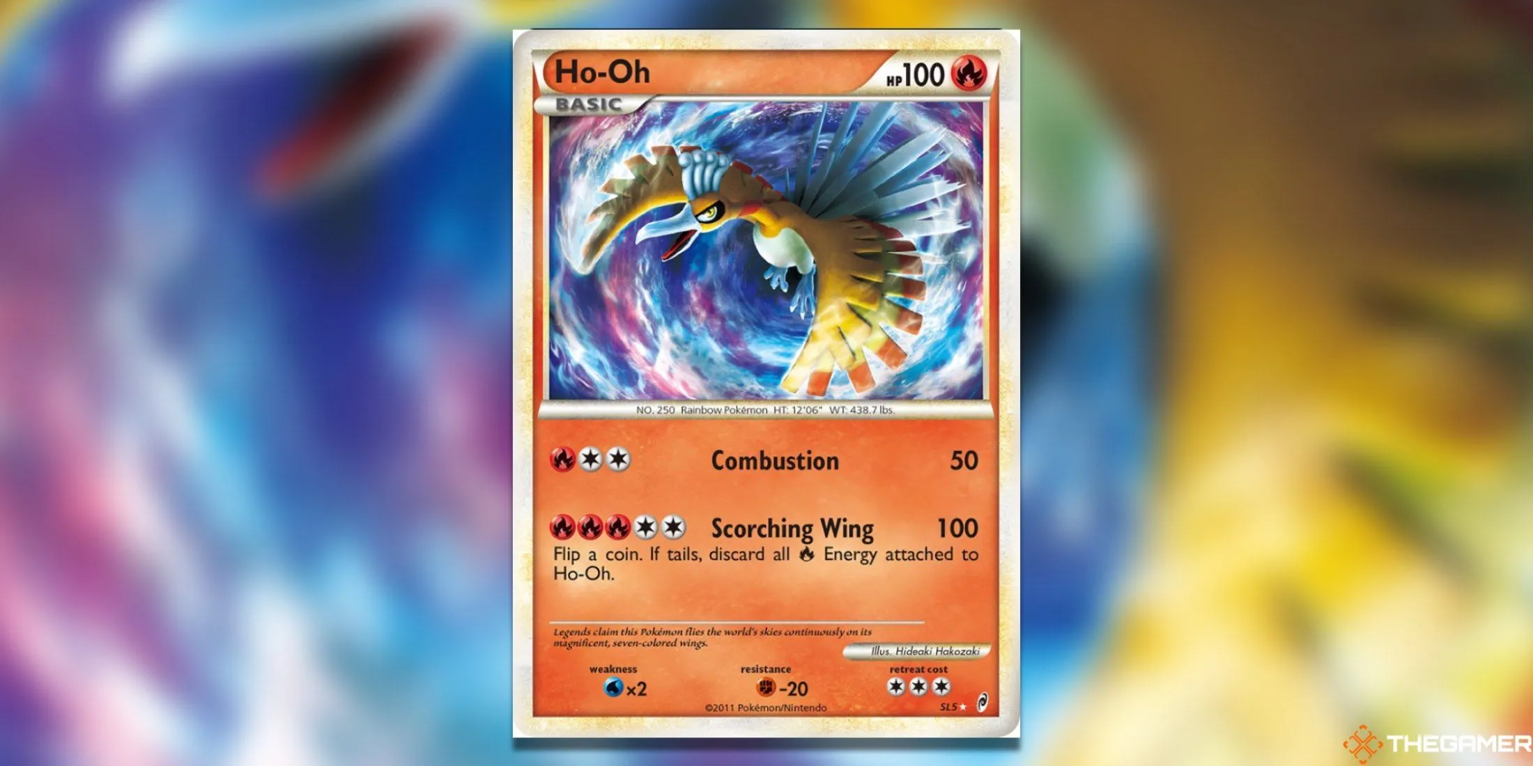 Thẻ bài Pokemon TCG Ho-Oh Shiny Call of Legends với đôi cánh cầu vồng và màu vàng óng ả.