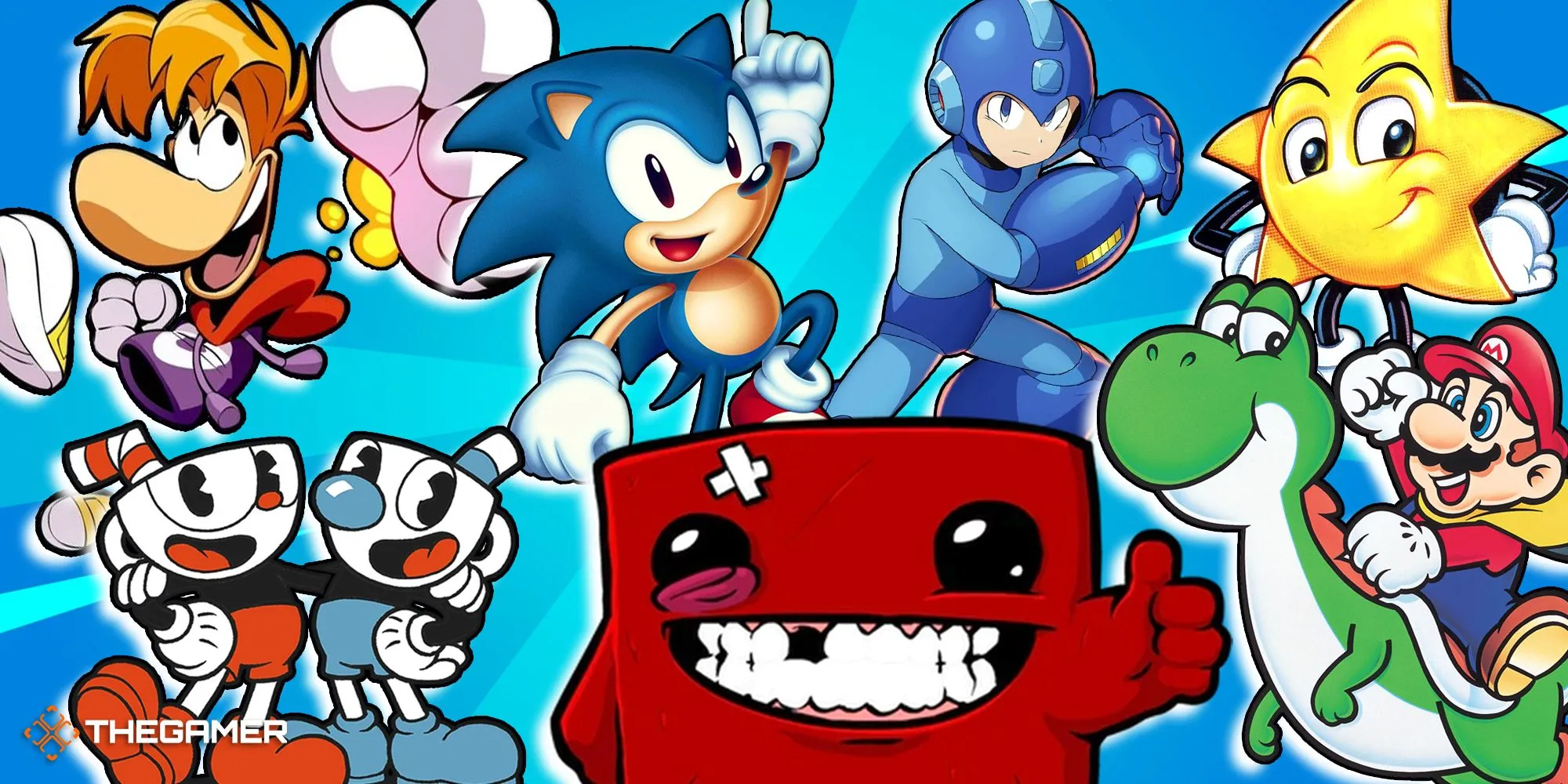 Tuyển tập hình ảnh từ các game platformer cổ điển và hiện đại như Super Mario World, Sonic Mania, Cuphead